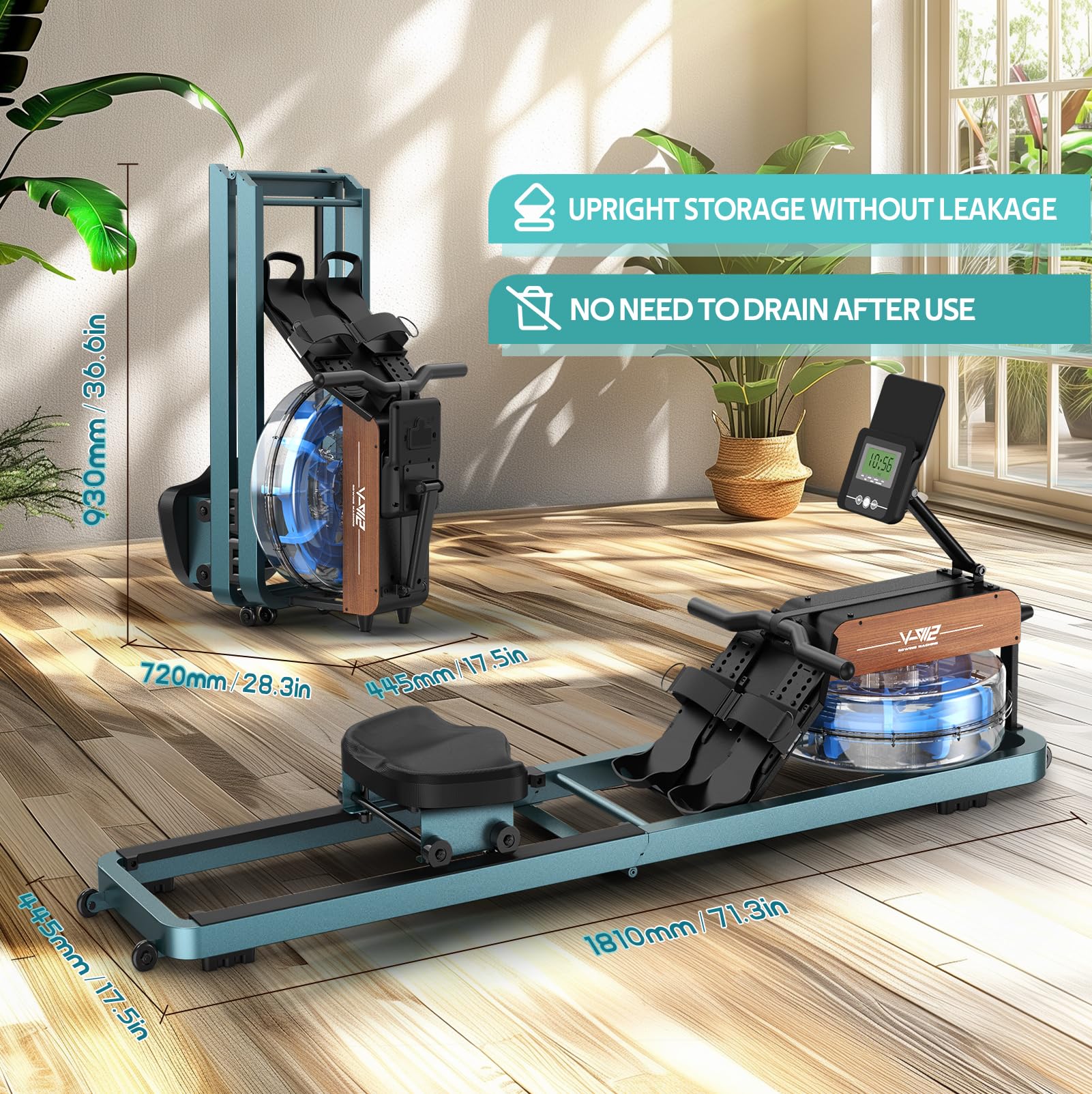 Components of the Vowvit V-W2 Water Rower laid out for assembly, showing the main frame, water tank, seat, and monitor, with text indicating 95% pre-assembly.