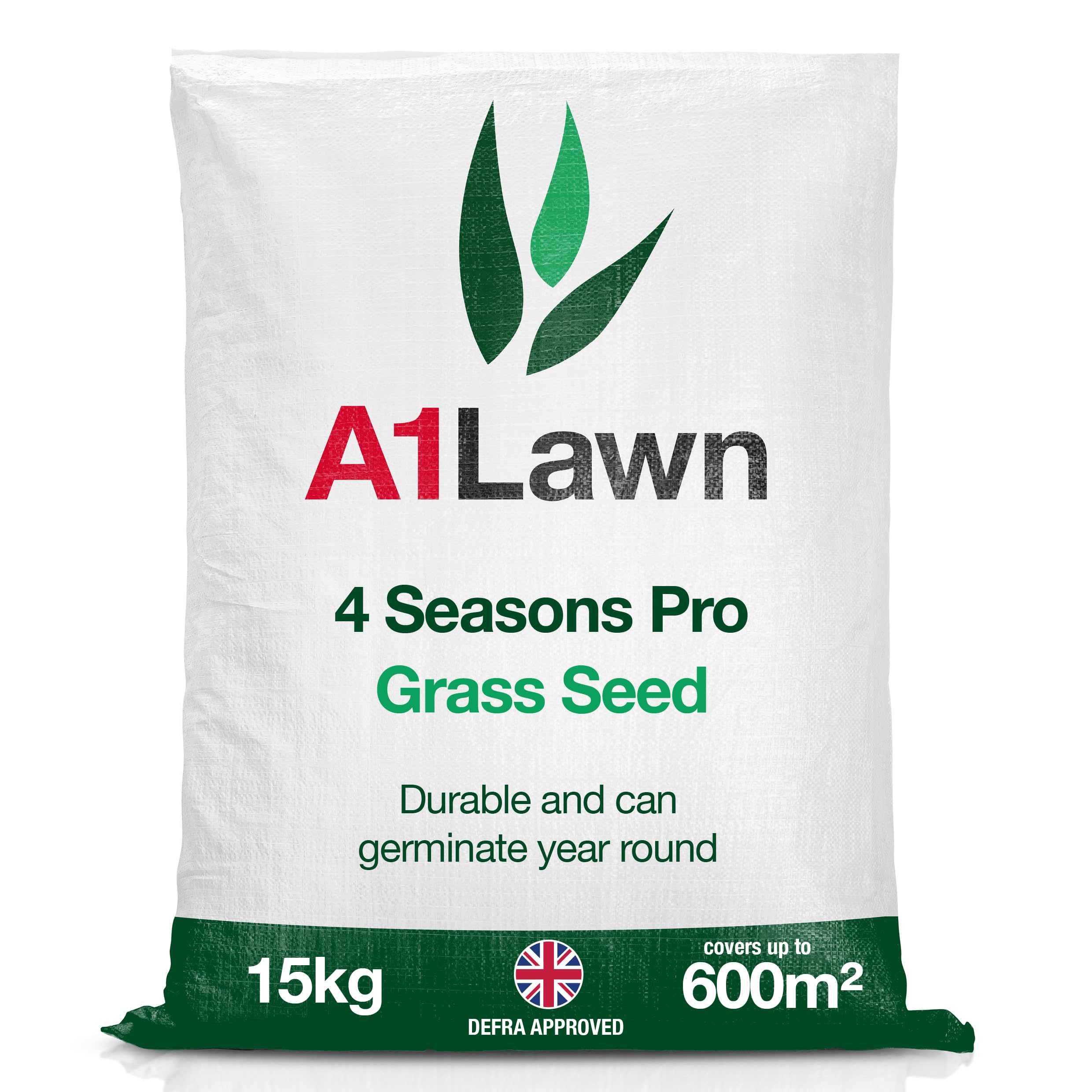 A1 Lawn, 4 Seasons Pro Grass Seed - Durable, Hard-Wearing, Sports Quality Lawn Seed with Year-Round Germination, DEFRA Approved, 15kg