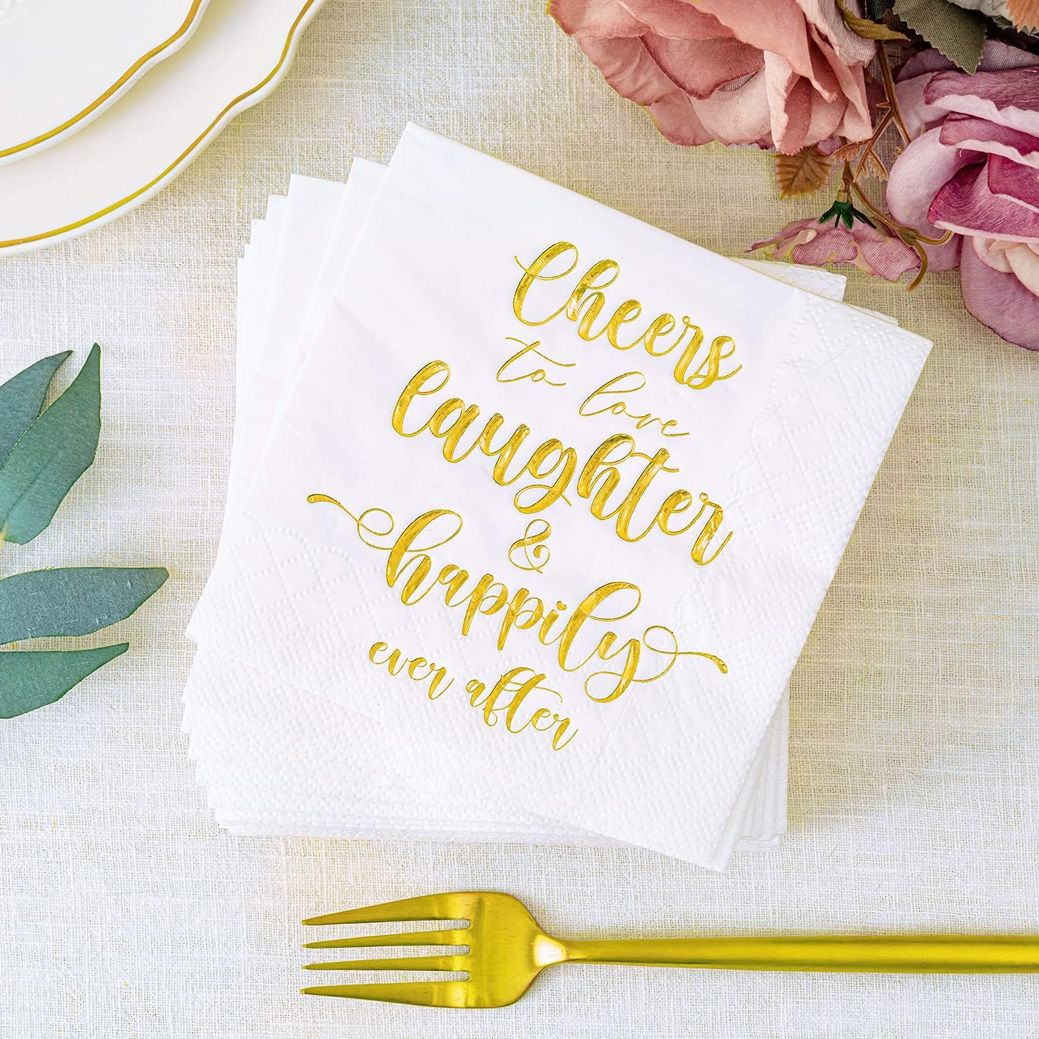Crisky Bridal Shower Napkins Gold, Happily Ever After Cocktail Beverage Cake Dessert Napkins for Wedding Shower Bridal Shower Engagement Bachelorette Party Decorations,Cocktail Size, 50 Pcs, 3-Ply : Health & Household