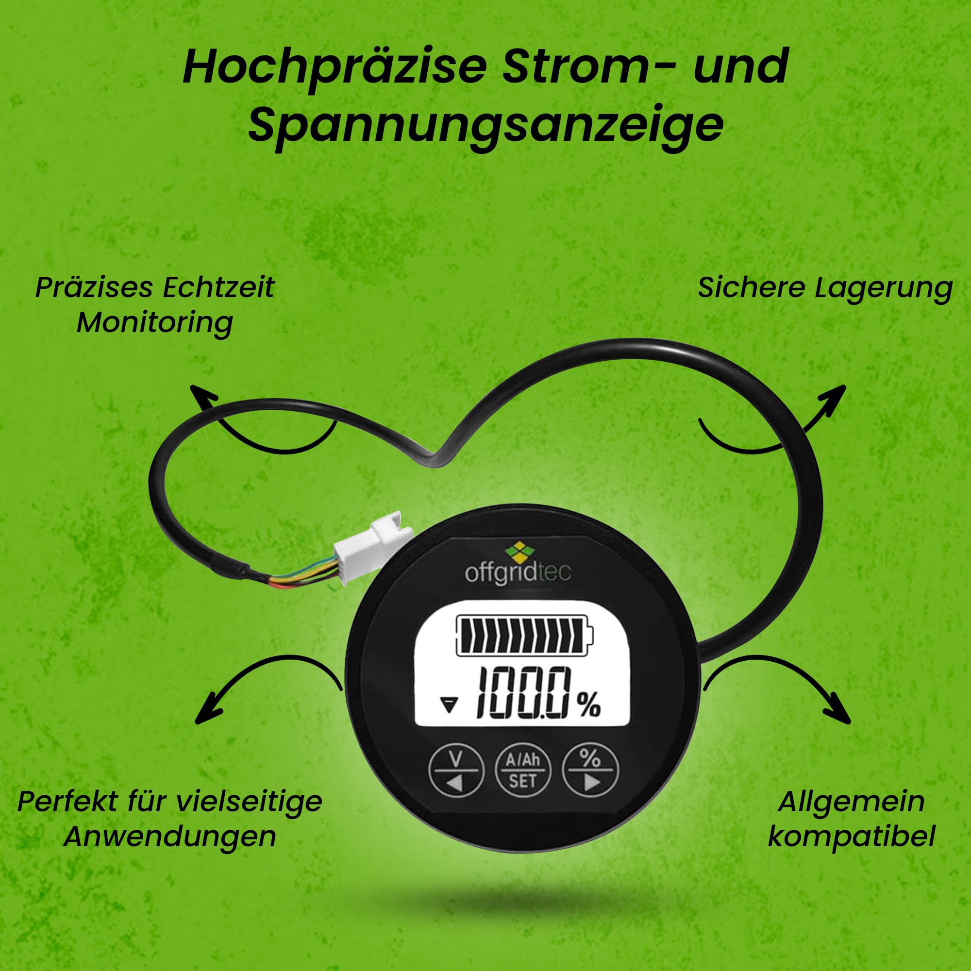 Offgridtec Shunt 350A Batteriemonitor, 8V-120V, Hochpräzise Spannung- und Stromanzeige, Echtzeit Akkuüberwachung, Speicherfunktion bei Stromausfall, mit Hintergrundbeleuchtung, Schwarz
