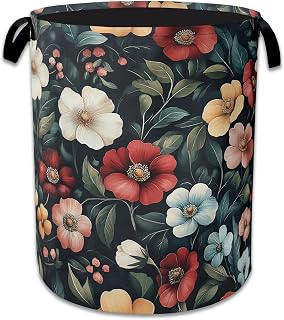 Floral Boho Laundry Basket,Foldable Oxford Cloth Pink Flower Vintage Laundry Hamper with Handles, 20.8"x16" Tote Bag Clothes Storage Bucket for Laundry Room/Bathroom/Bedroom/Dormitories