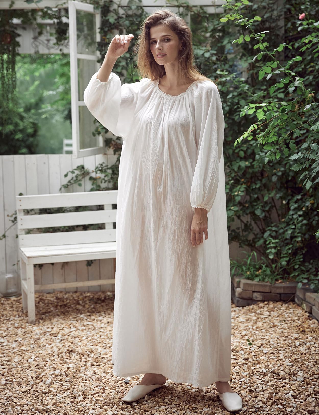 BEAUTELICATE Camisón Victoriano de Algodón Muselina para Mujer con Detalles de Encaje Manga Larga Suave y Holgado Blanco