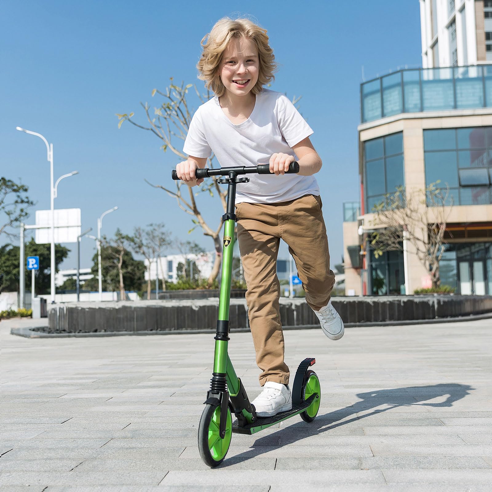 Lamborghini Big Wheel hulajnoga dziecięca 200 mm, 5-stopniowa regulacja wysokości, światło hamowania LED i składane, dla dzieci i dorosłych, do 100 kg