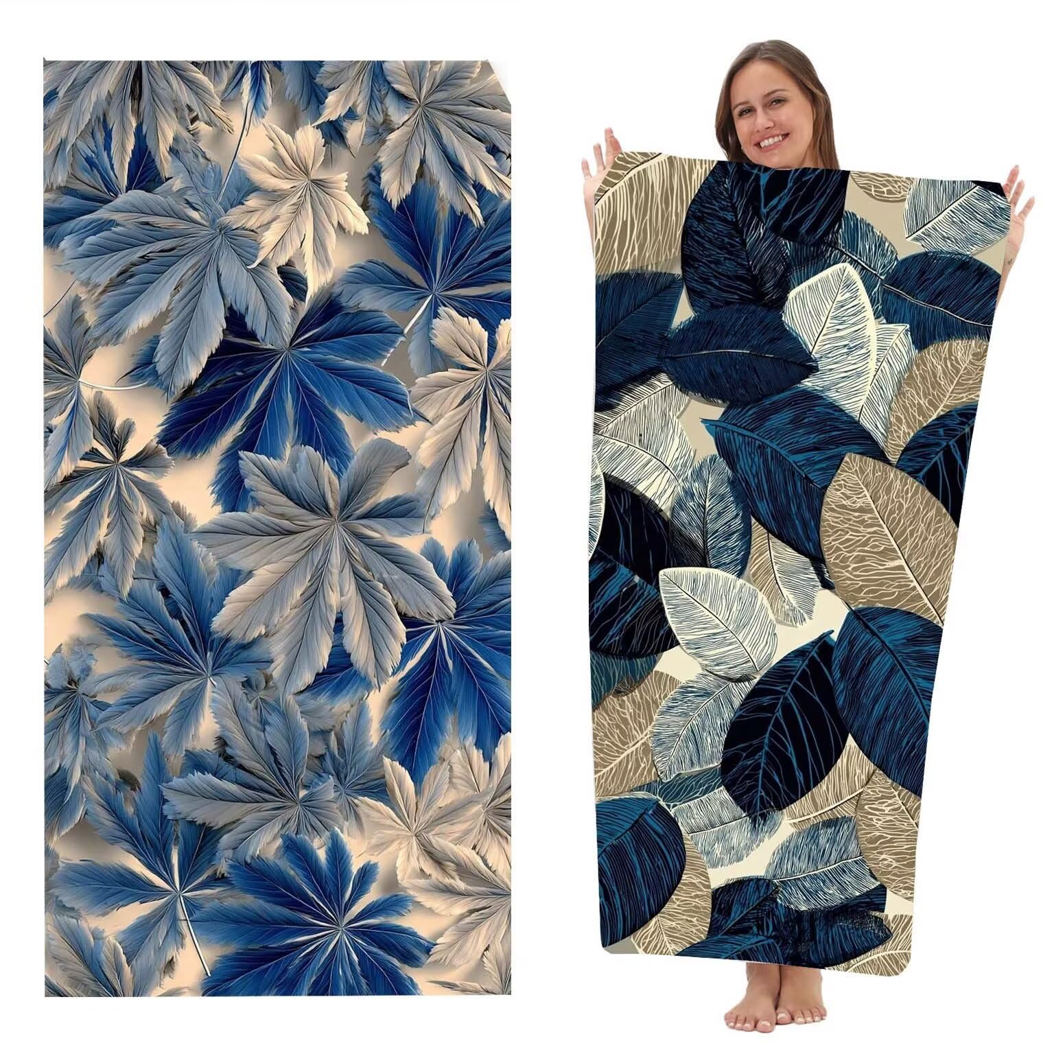 Toalla Playa grande XXL 90x200 cm, Toalla Microfibra de Secado RáPido, Absorbente, Ultrasuave y Compacta, Toalla BañO Sin Arena, Manta de Playa Gimnasio Baño Regalo, Pack de 2 (Hojas Azules) z-8413