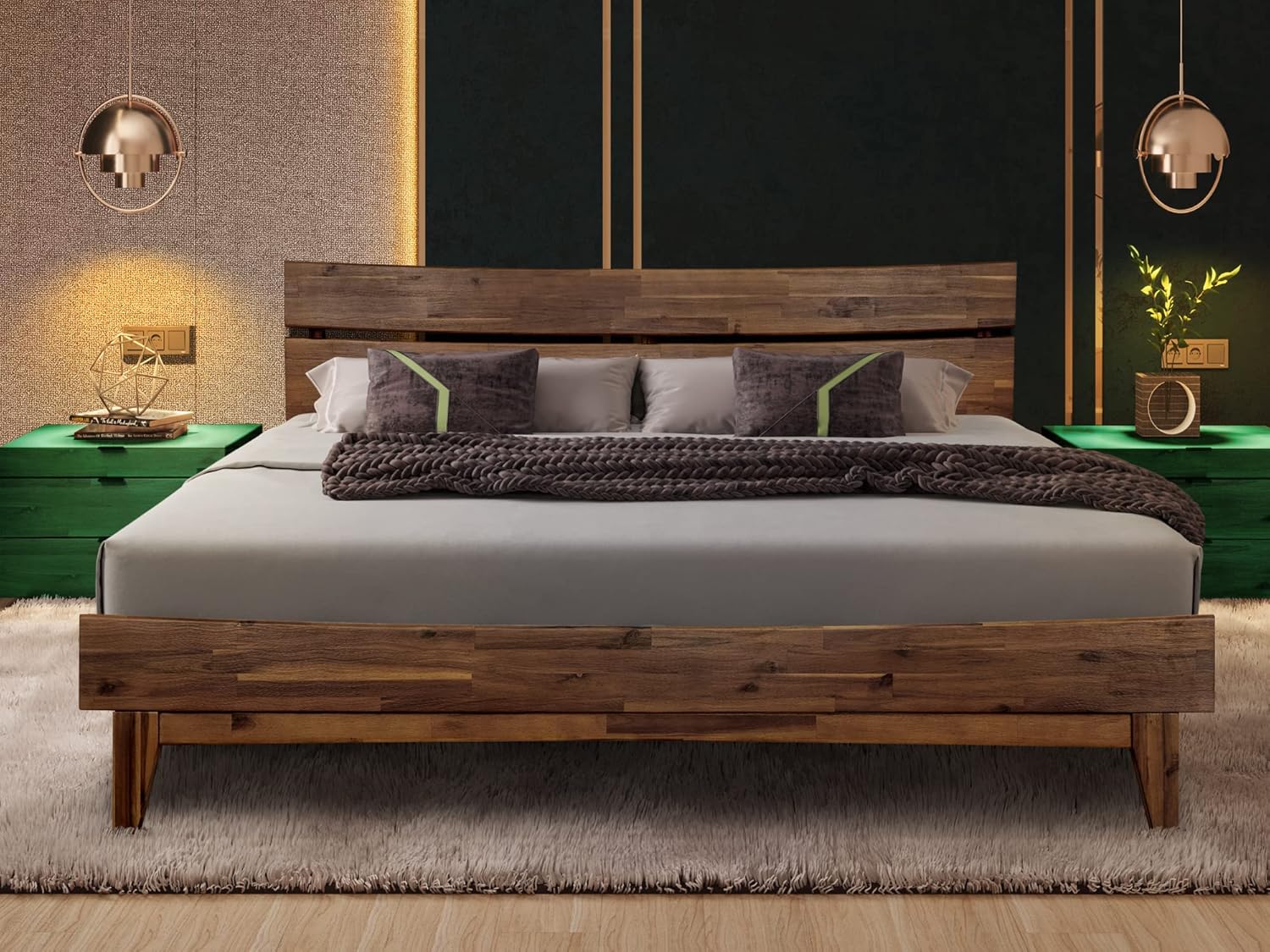 Acacia Aurora Wooden Bed Frame With Headboard, Solid Wood Platform Bed