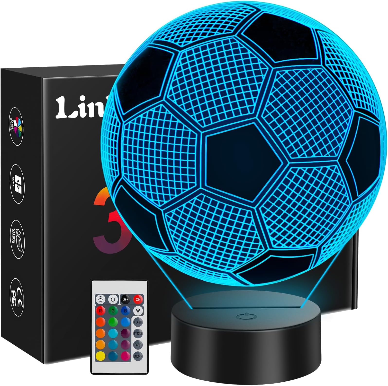 Linkax Soccer Gifts for Teens Boys Girls, Soccer Ball 3D Illusion Lamp Night Light Room Decor, 16 Colors Change 6 7 8 9 10 11 12 Year Old Boy Sports Fan Birthday Gifts