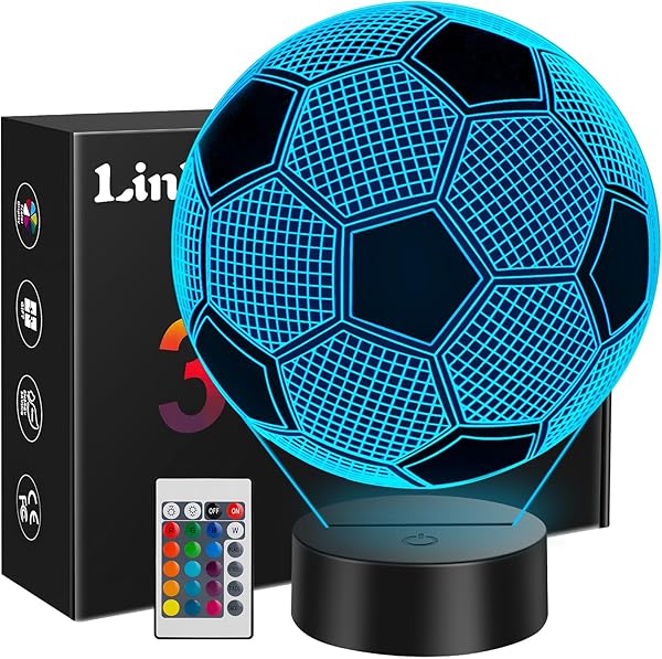 Linkax Soccer Gifts for Teens Boys Girls, Soccer Ball 3D Illusion Lamp Night Light Room Decor, 16 Colors Change 6 7 8 9 10 11 12 Year Old Boy Sports Fan Birthday Gifts