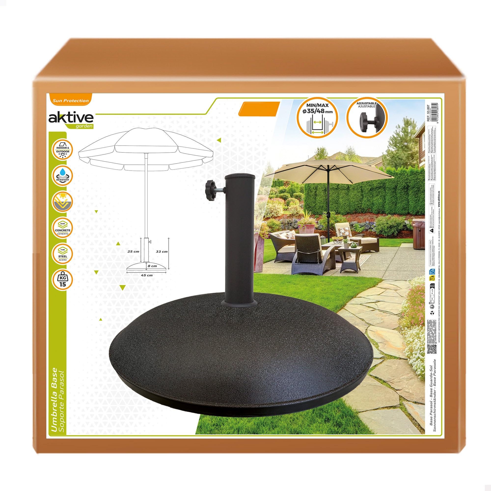 AKTIVE Base rotonda per ombrellone nera Ø45x33 cm, pali Ø35-48 mm, supporto in cemento, tubo in acciaio resistente, peso 15 kg, per giardino o terrazza esterna (53897)
