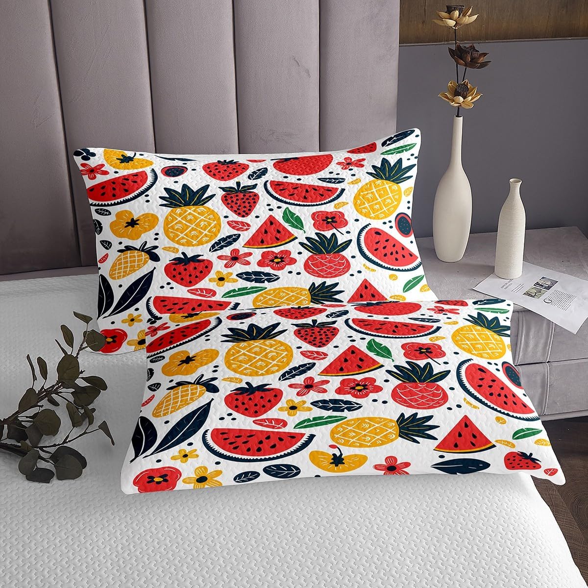 Summer Fruits Fitted Sheet Queen Size,Watermelon Pineapple Strawberry Flower Bedding Set for Kids Boys Girls Room Decor,Tropical Fruits Floral Leaves Sheet Set 3Pcs,White Bed Sheet,2 Pillowcases