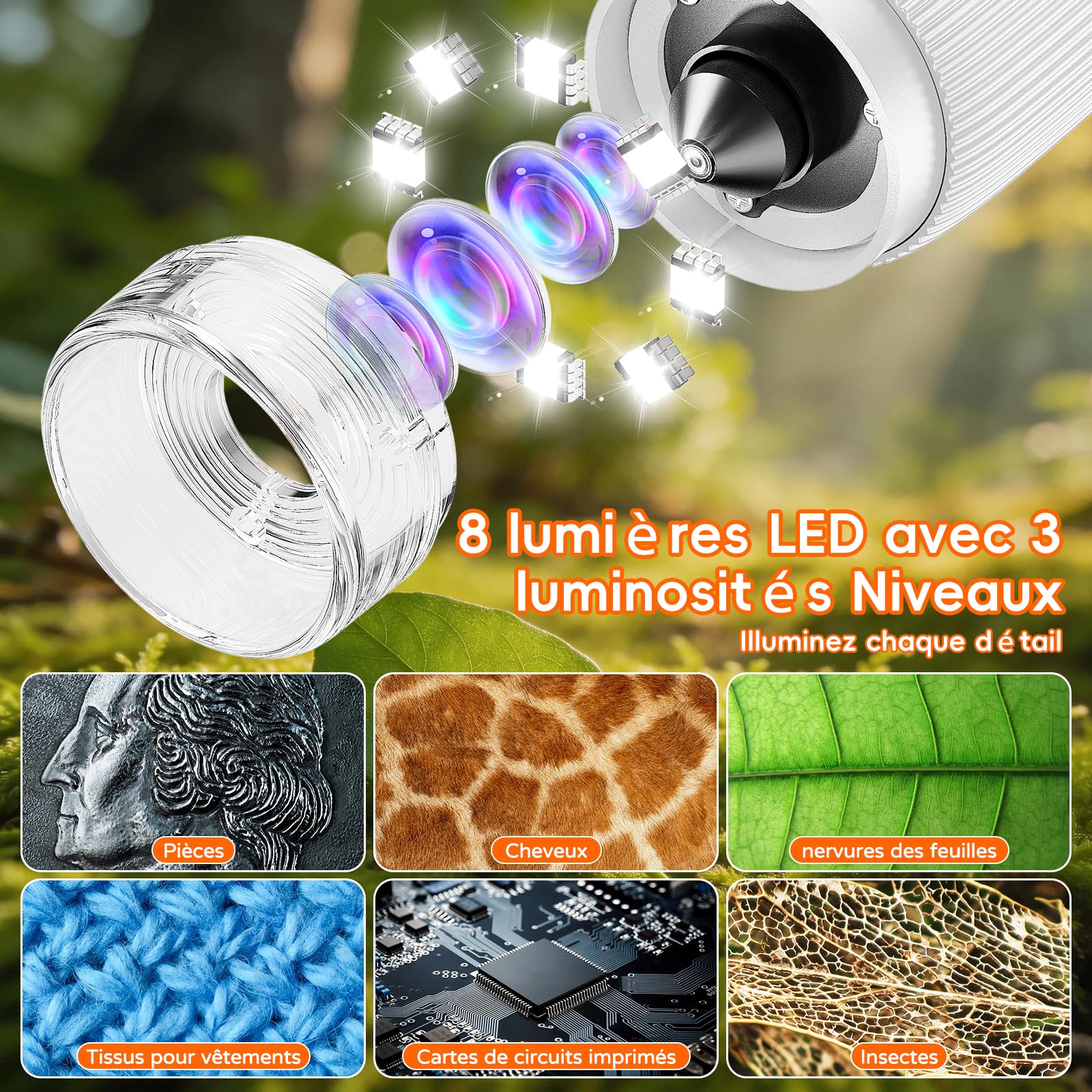 Microscope Enfant Portable Zoom 1000X - Mini Microscope Numérique Rechargeable, Microscop Poche avec Écran, 8 Lumières LED, Jouet Éducatif Scientifique pour Cadeau Noël Filles Garçons (Blanc)