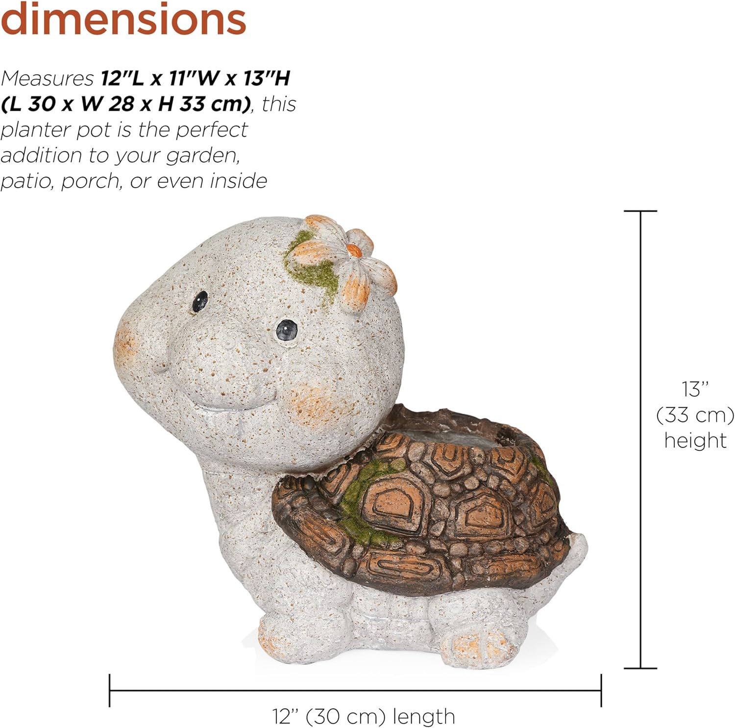 Alpine Corporation WQA1592 Blushing Tortoise Statue Planter w/Drainage Hole, Décor for Garden, Patio, & Lawn, 13" H, Gray