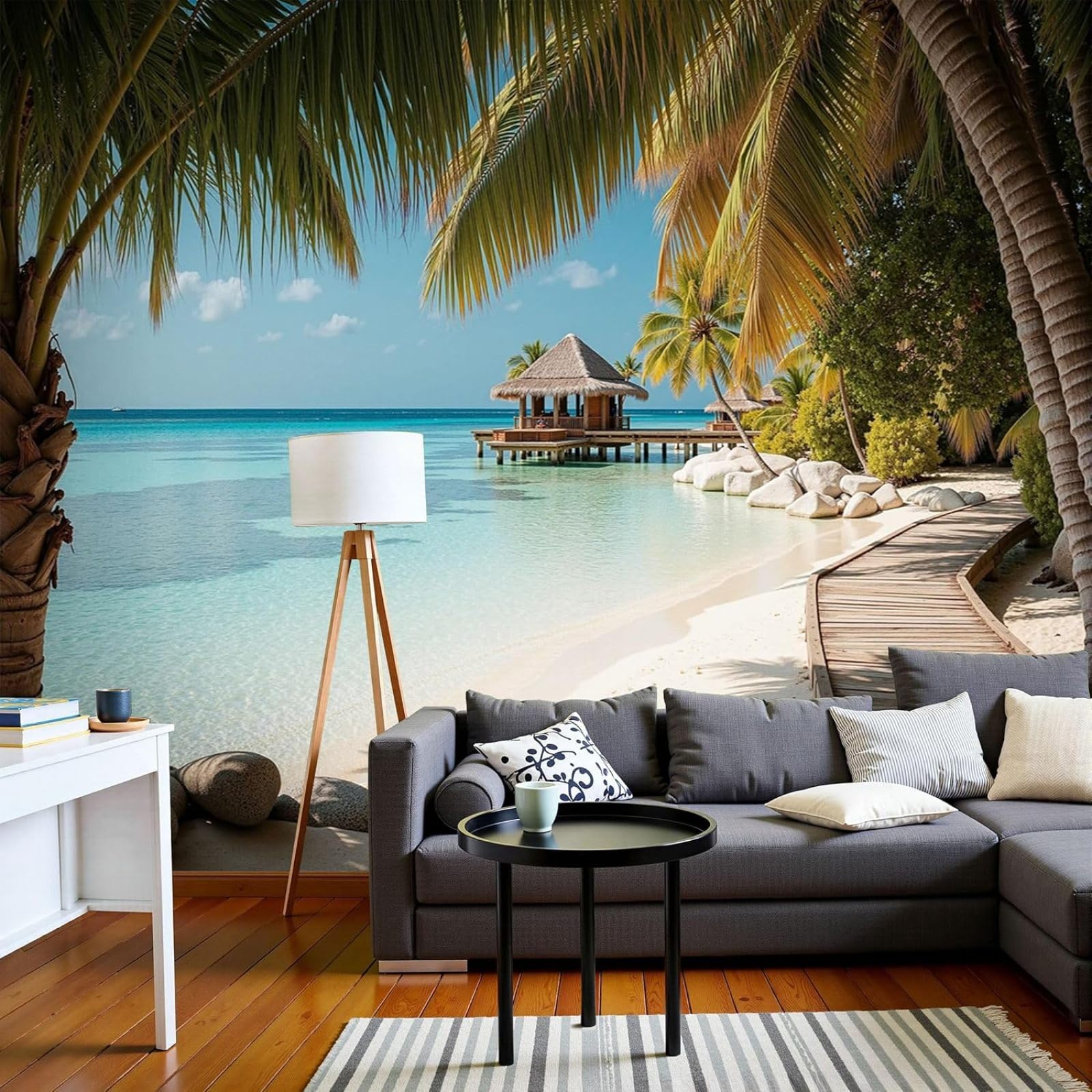 Maldives Palm Tree Pavilion Sea View Photo Wallpaper, Non-woven Modern Wallpaper for Living Room and Bedroom, Blue, XXL Wall Decor, Motif Wallpaper, 300cm x 210cm, Stickers - Frameless Painting - Post