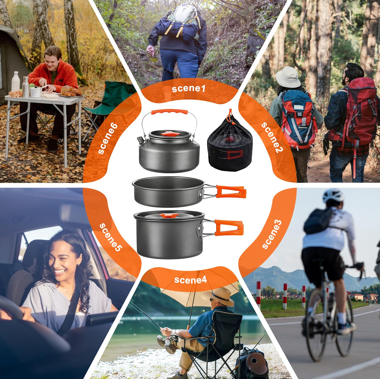Camping Kochgeschirr Set, 10-teiliges Outdoor Geschirr Set, Kochtopf Set mit Camping Topf, Camping Bratpfanne und Teekannen für 3-5 Personen für Outdoor Kochen Wandern Picknick BBQ