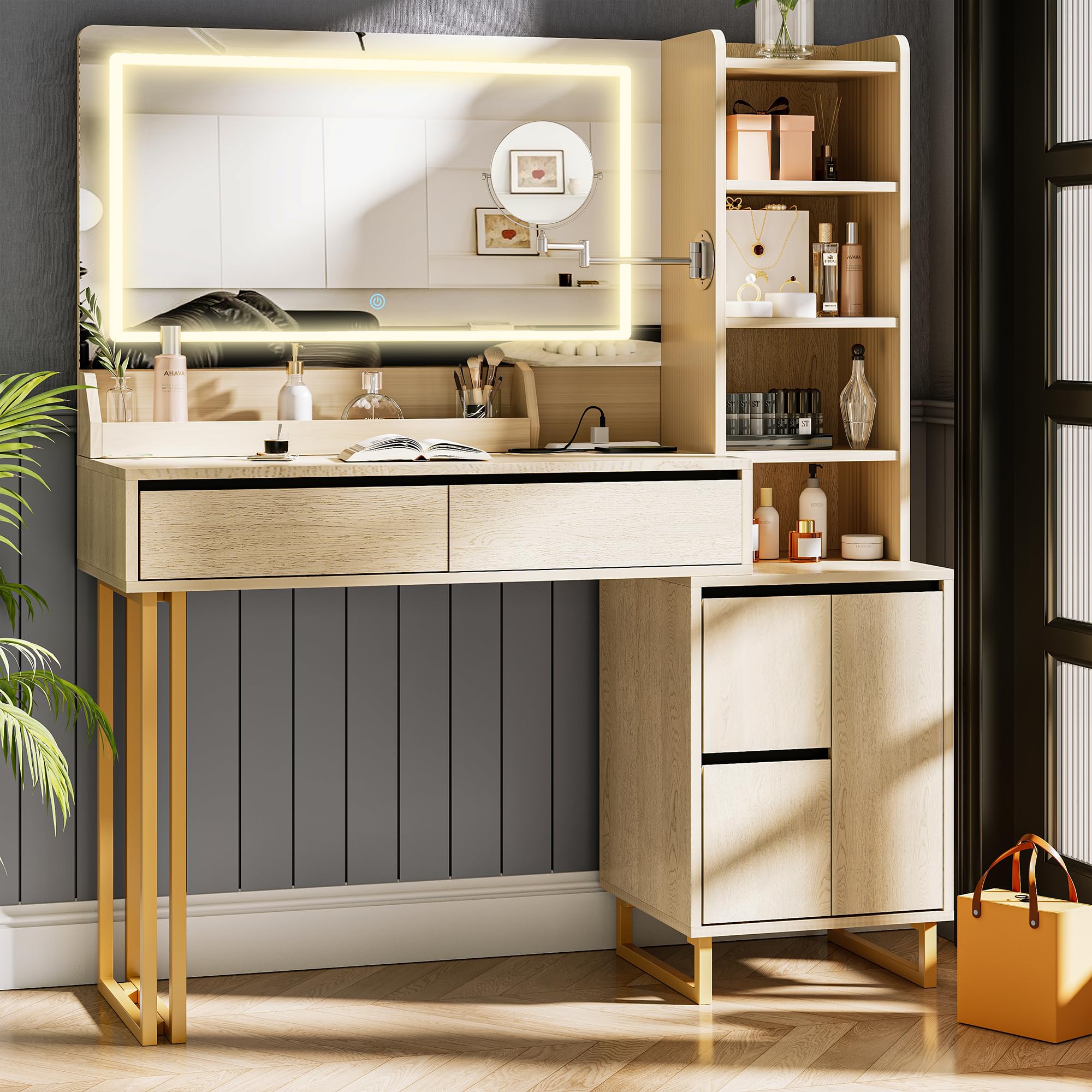 Yegosh Vanity Desk, 41 Inch Makeup Vanity Table with Mirror Lights 10x Magnifying Mirror Charging Station Drawers Shelves Cabinet Adjustable 3 Color