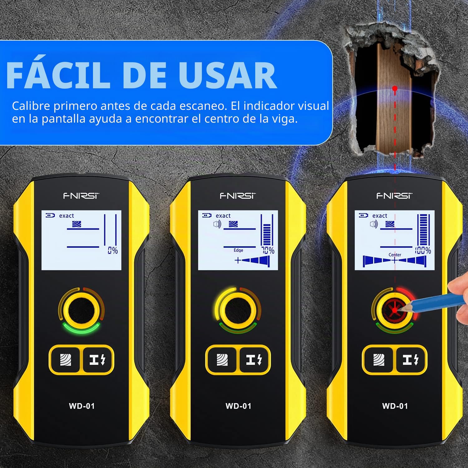 FNIRSI Escáner de pared 6 en 1, buscador electrónico de pernos de madera, detector de pared con orificio de posicionamiento actualizado para centro y borde de madera, alambre de CA, pernos de metal