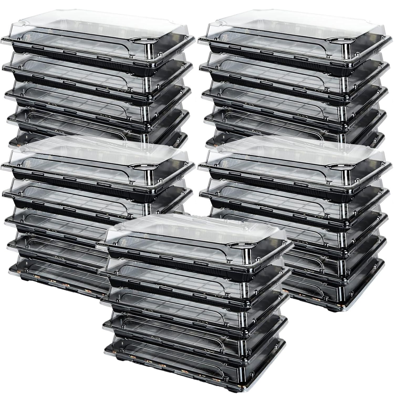 Wiederverwendbare kleine Kunststoff-Tabletts mit Deckel, 261 x 190 mm, für Süßigkeiten- und Sandwichplatten, schwarzes Muster, Lebensmittelbehälter für Partyessen und Buffets, 25 Stück