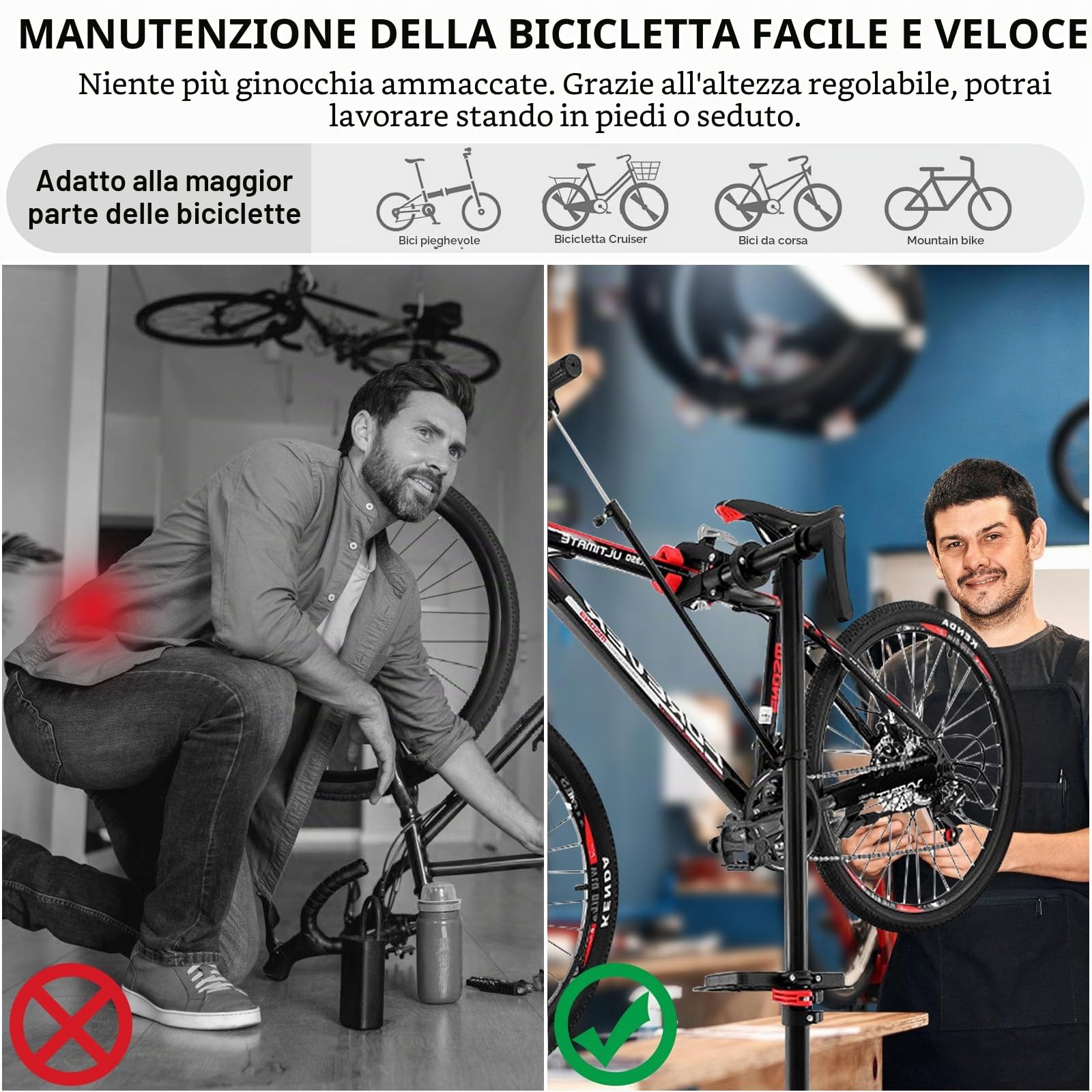 Cavalletto di Riparazione Bici 50 kg Pieghevole – Supporto Professionale in Acciaio con Morsetto 360°, Altezza Regolabile 94–157 cm, Vassoio Magnetico & Guanti – per MTB, Bici da Corsa ed E-Bike
