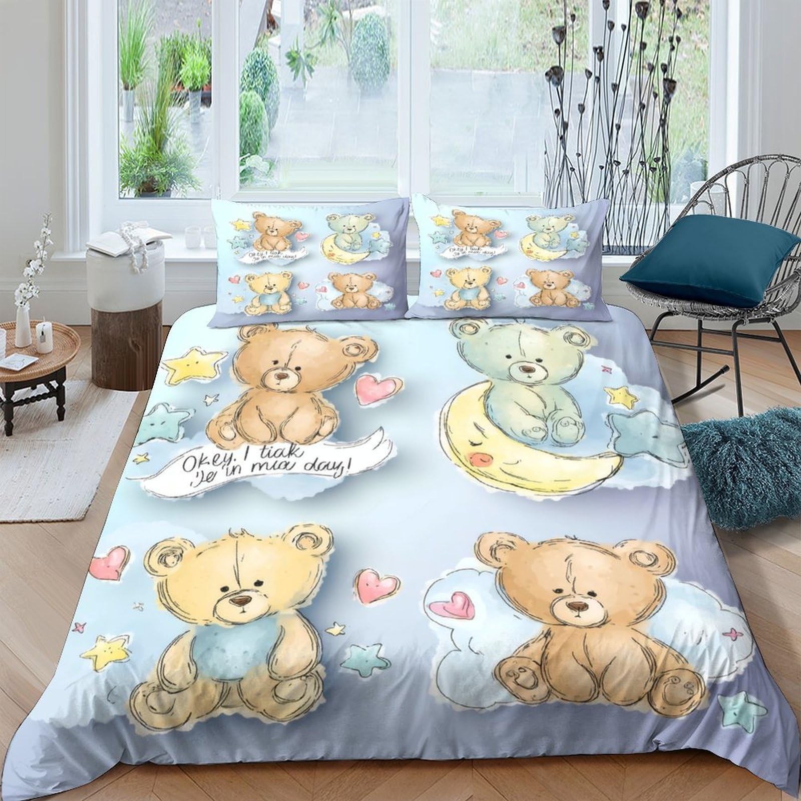 Ctjqhvkz Style-1 3D Printed Cartoon Bear Fitted Sheet Microfiber Blue Bed Cover For Kids Teens Bedroom Guest Room Mattress Decor Single（135X200cm）