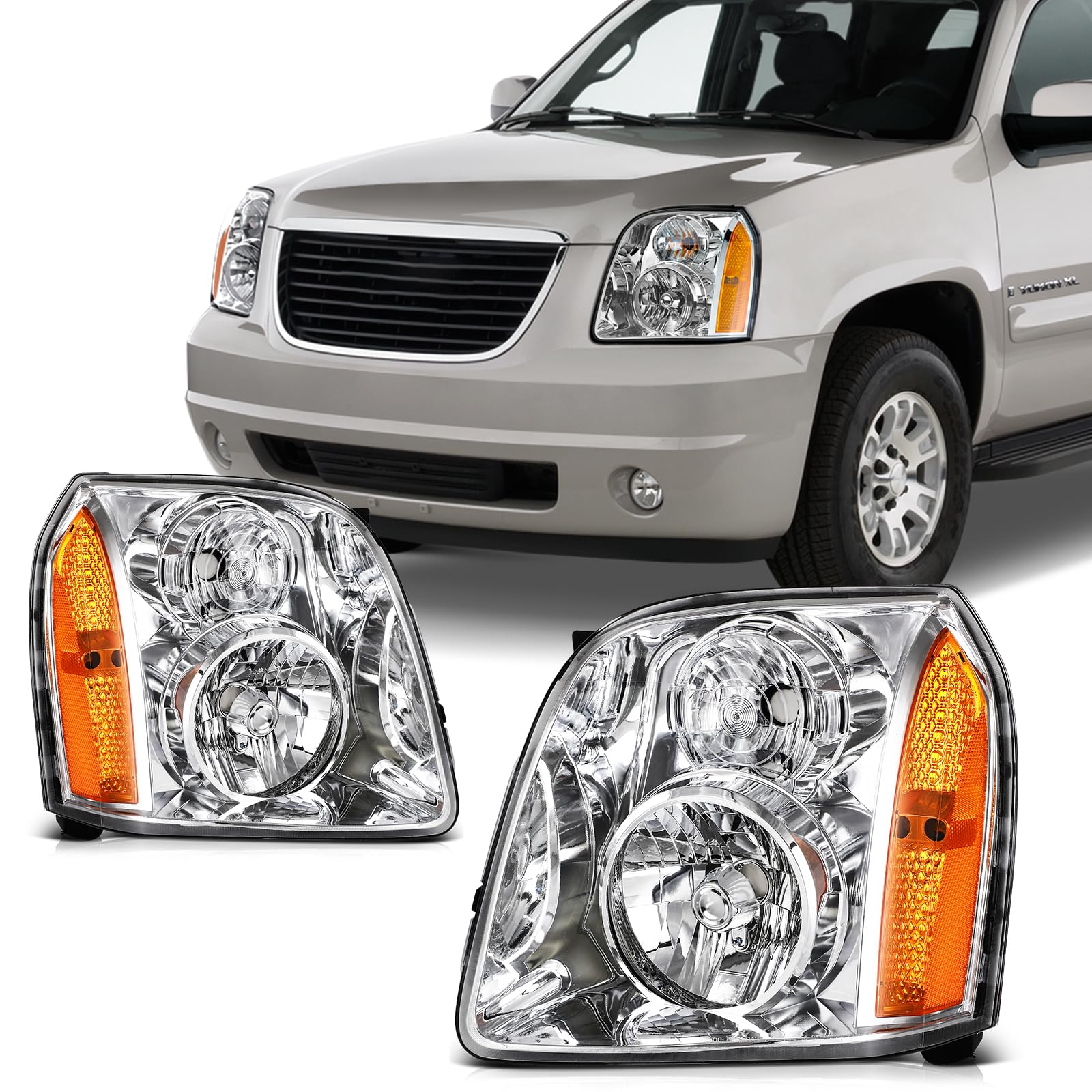 SCITOO Headlights for 2007-2014 for GMC Yukon 2007-2014 for GMC Yukon XL 1500 2007-2013 for GMC Yukon XL 2500 Pair Headlights Assembly Chrome Housing