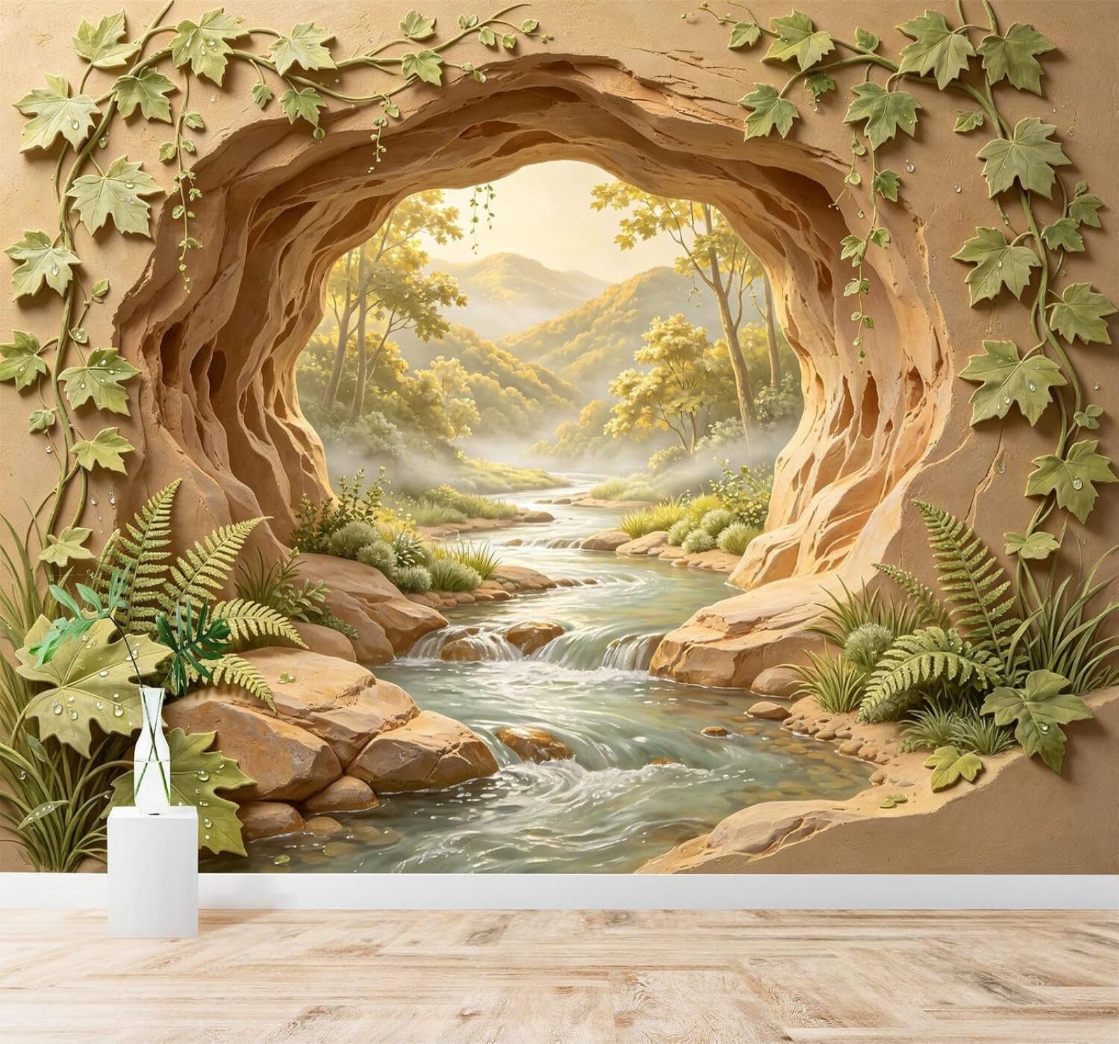 Carta da Parati 3D Foresta Ruscello Grotta Panorama Montano