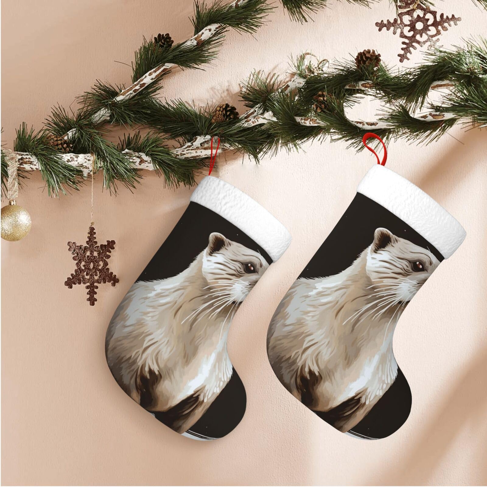 17.7" Christmas Stocking 1 Piece, Otter Xmas Stockings with White Plush Cuff Fireplace Hanging Stocking for Christmas Holiday Party Decoration
