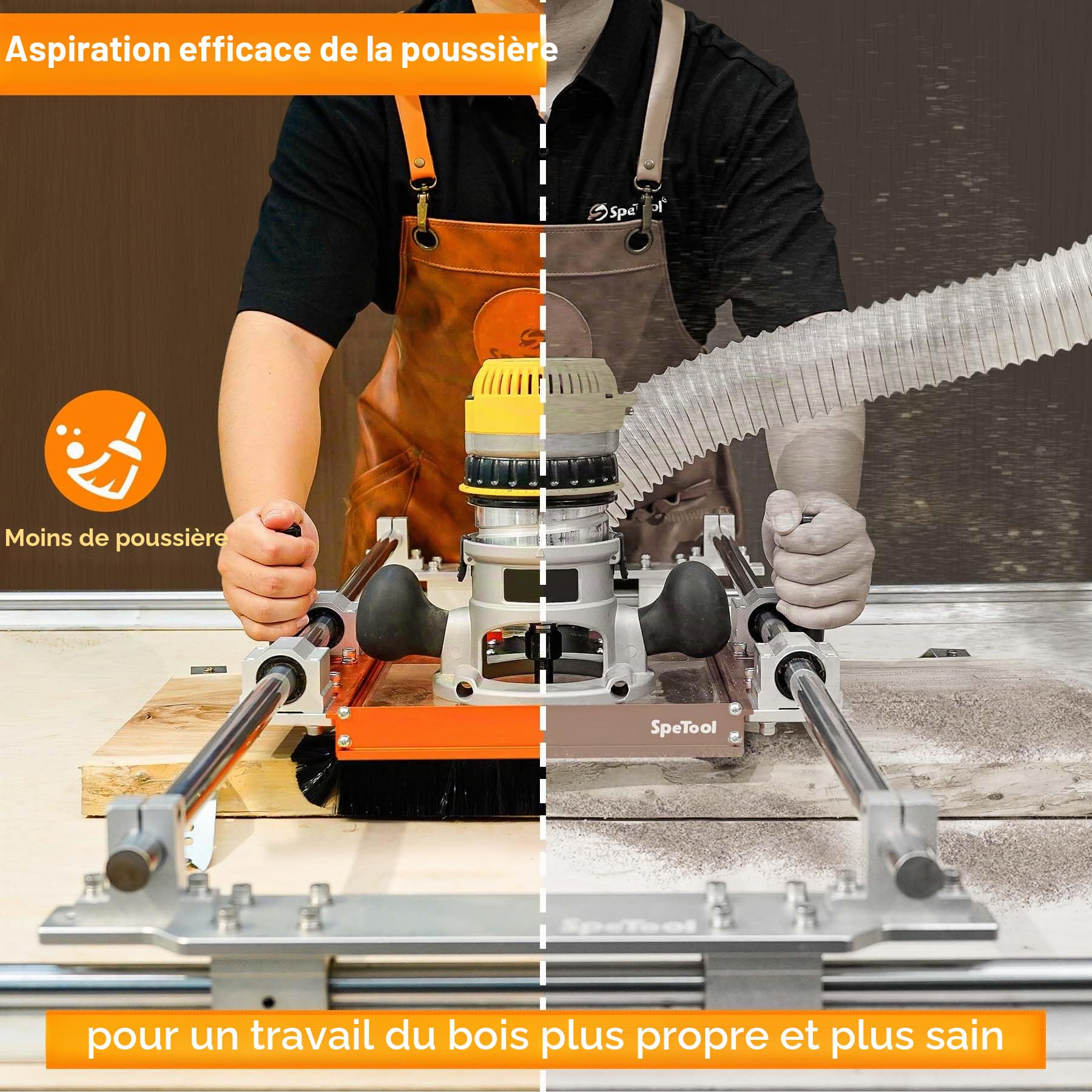 SpeTool Système d'aspiration de poussière pour chariot de rail linéaire avec plaque d'adaptateur coulissant pour rails SBR20UU et SCS20UU. Raccord à poussière de 6,35 cm (2,5 pouces). Plaque acrylique