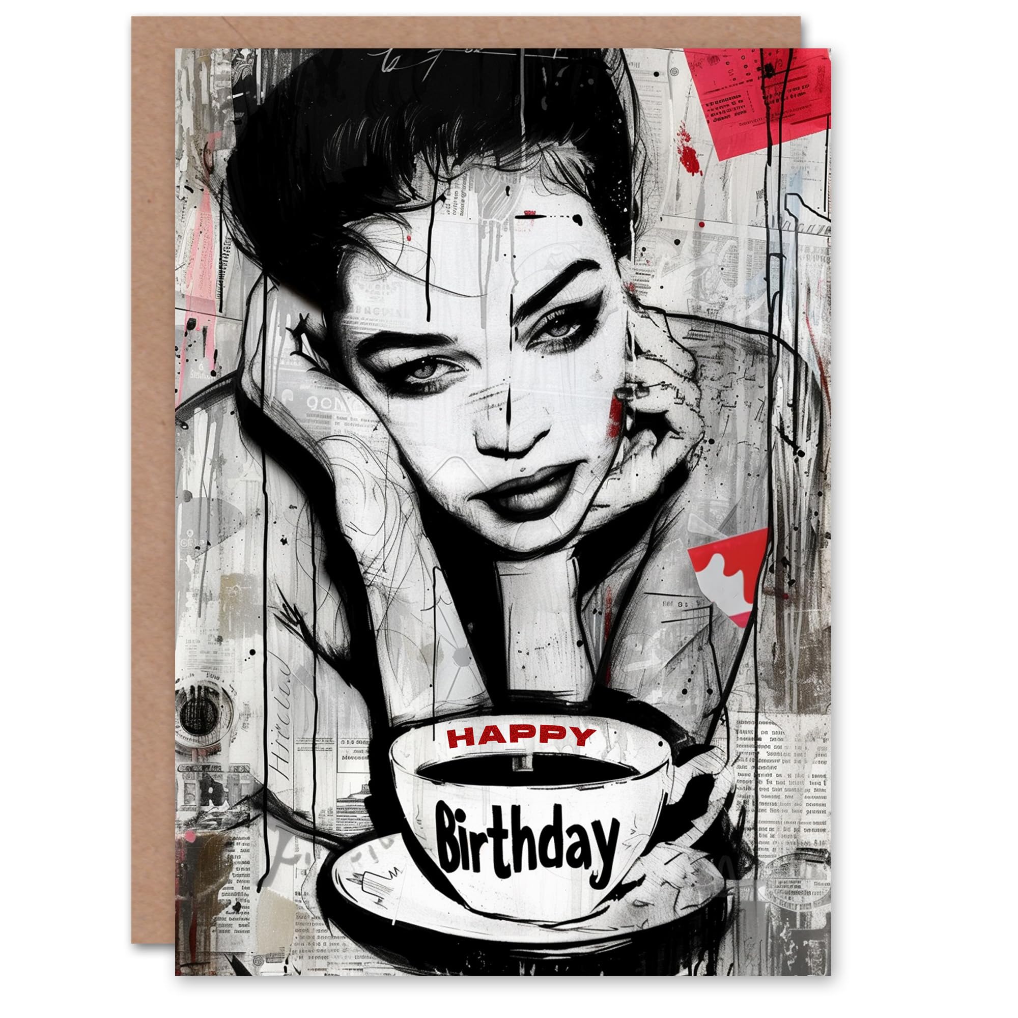 Artery8 Birthday Card Grunge Lady Coffee Collage Portrait Painting