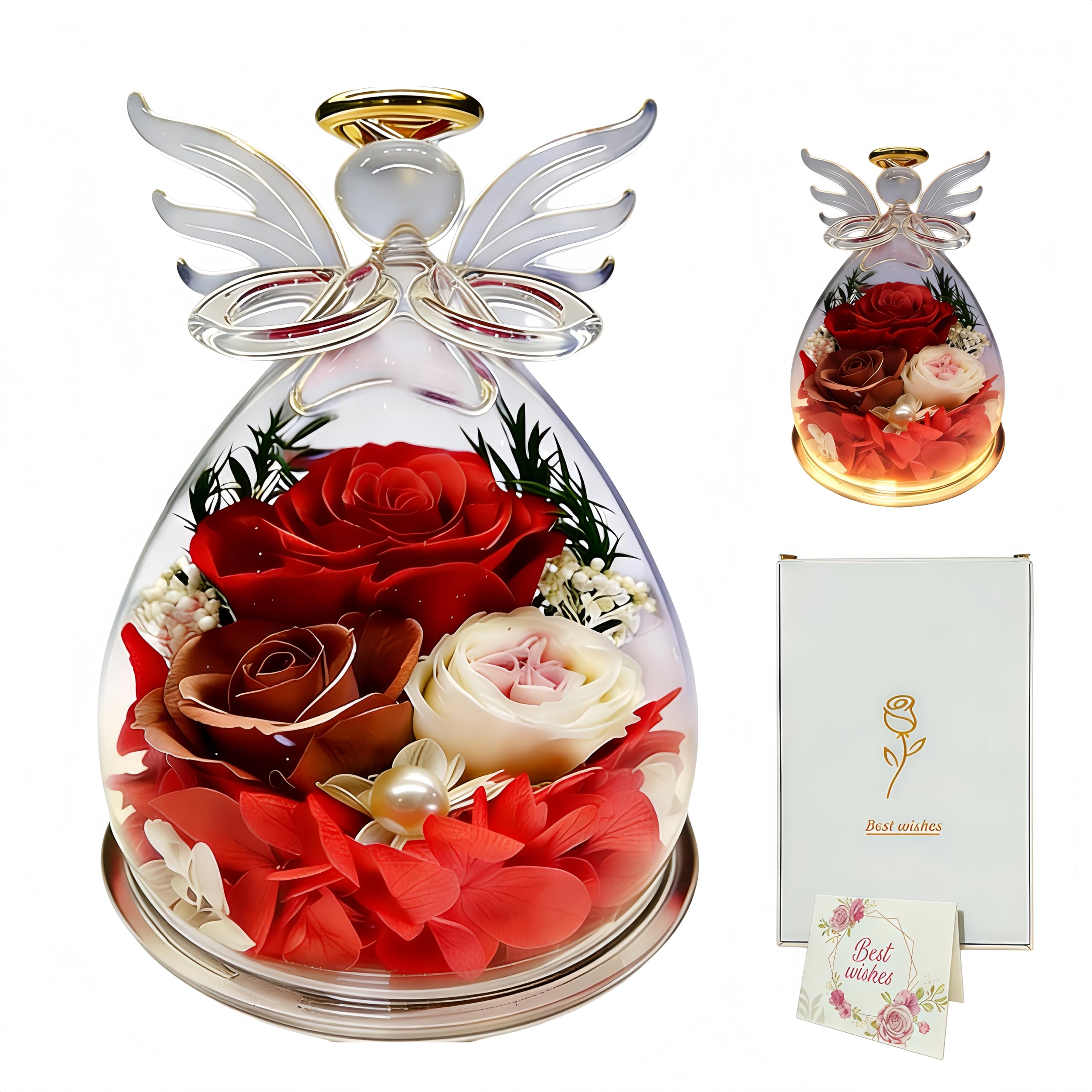 Cupola in vetro a forma di angelo con luce a forma di rosa conservata, 39,4 cm, illuminata a LED, con rose rosa, funzionamento a batteria, decorazione per casa, matrimonio, (rosso)