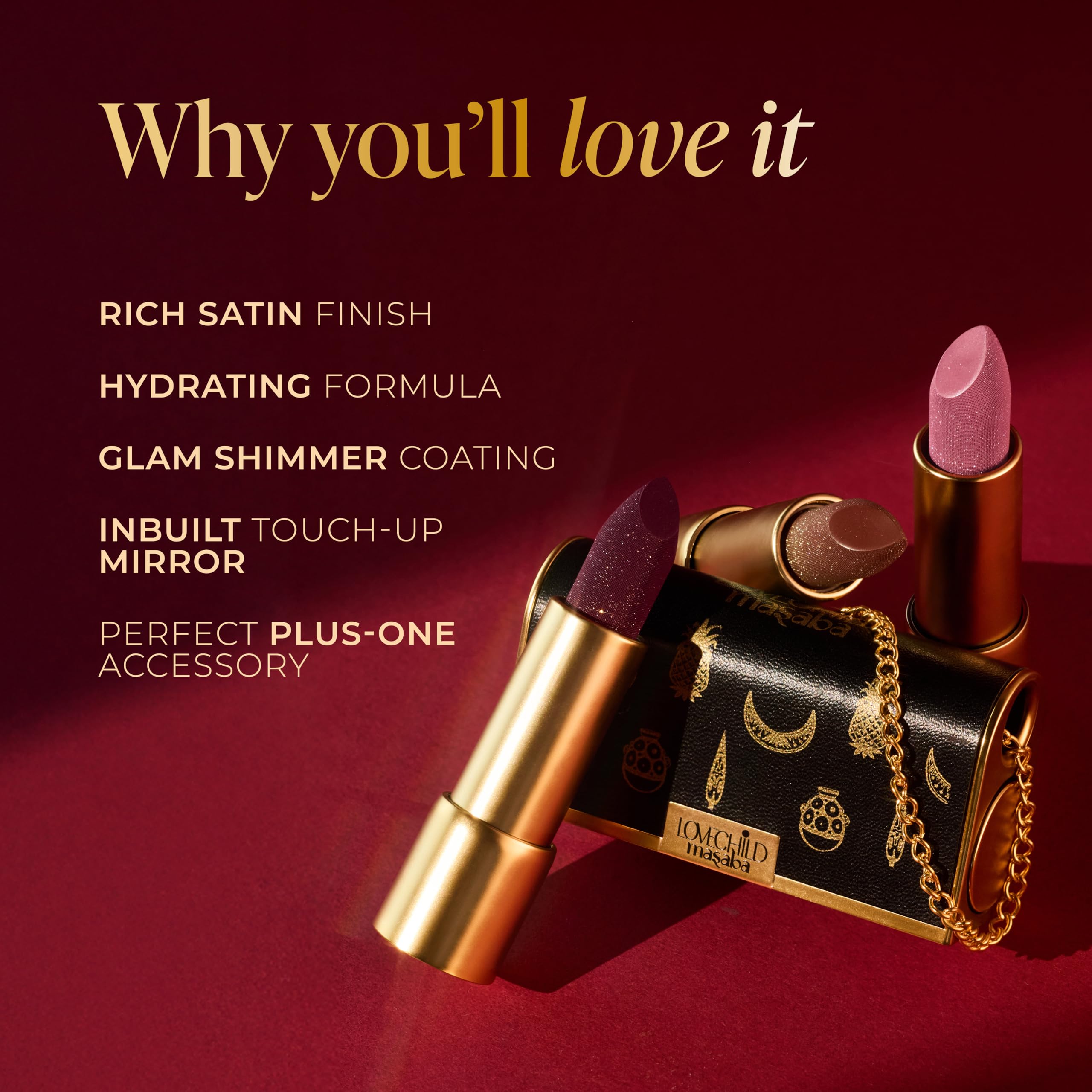 LoveChild Masaba "The Batua" Lipstick, Gulaabo (Red) Rich Satin Finish Lipstick with Built-in Mirror, Hydrating, Nourishing Formula with Jojoba Oil, 4g 2
