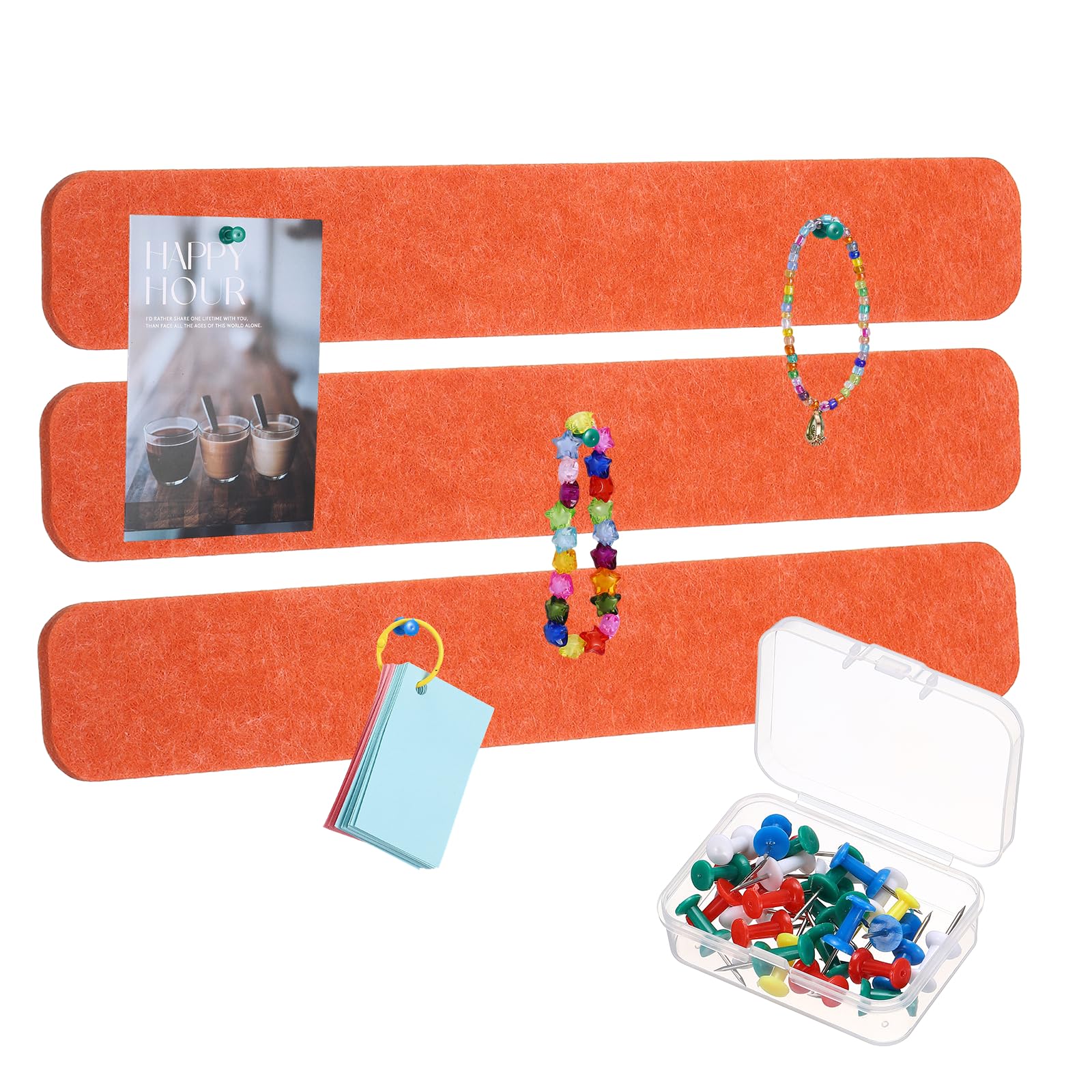 PATIKIL 13 inch Felt Bulletin Board Bar Strip, 3 Pack Self-Adhesive Wall Bulletin Felt Pin Board with 30 Push Pins Corkboard for Home Office Photos Memos, Tangerine Red