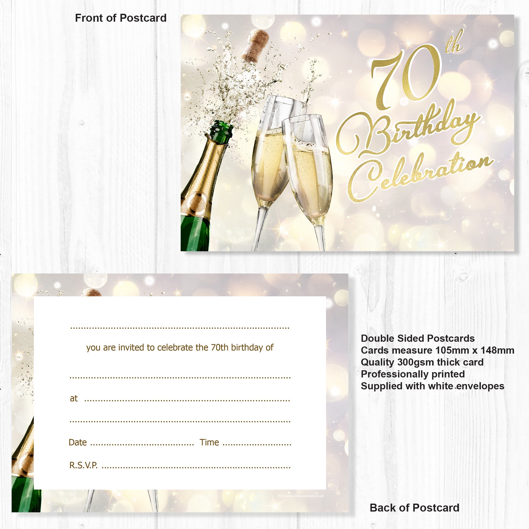 Olivia Samuel - Cartones de invitación para 70 cumpleaños, diseño de champán, listo para escribir con sobres