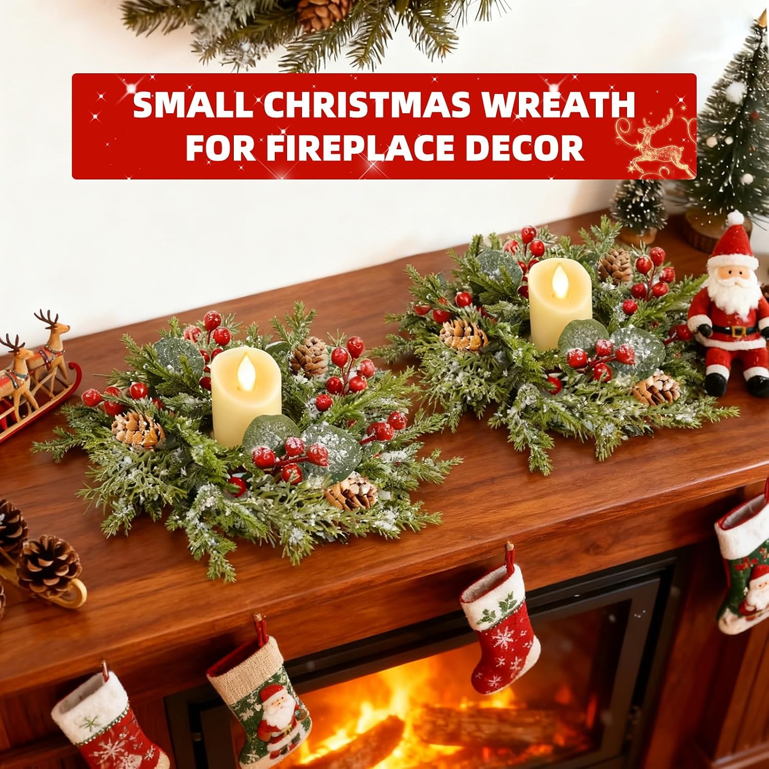 6Pcs Flocked Christmas Candle Rings Wreaths, 10"x3.5" Perfect PE Small Mini Christmas Wreath with Snowy Pinecones&Red Berries Cedar Eucalyptus Cypress Wreath Candle Holders for Table Centerpiece Decor