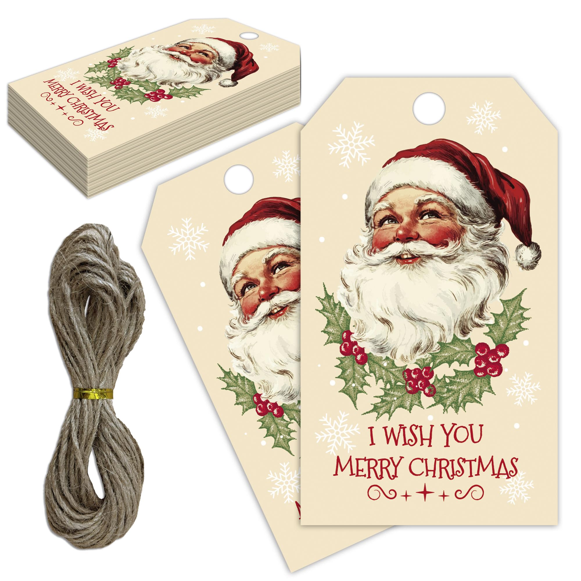 C17 Geschenketiketten aus Papier mit Schnur, 5,1 x 8,9 cm, Stechpalmenbeeren, Weihnachtsmann-Papieranhänger, 50 Stück