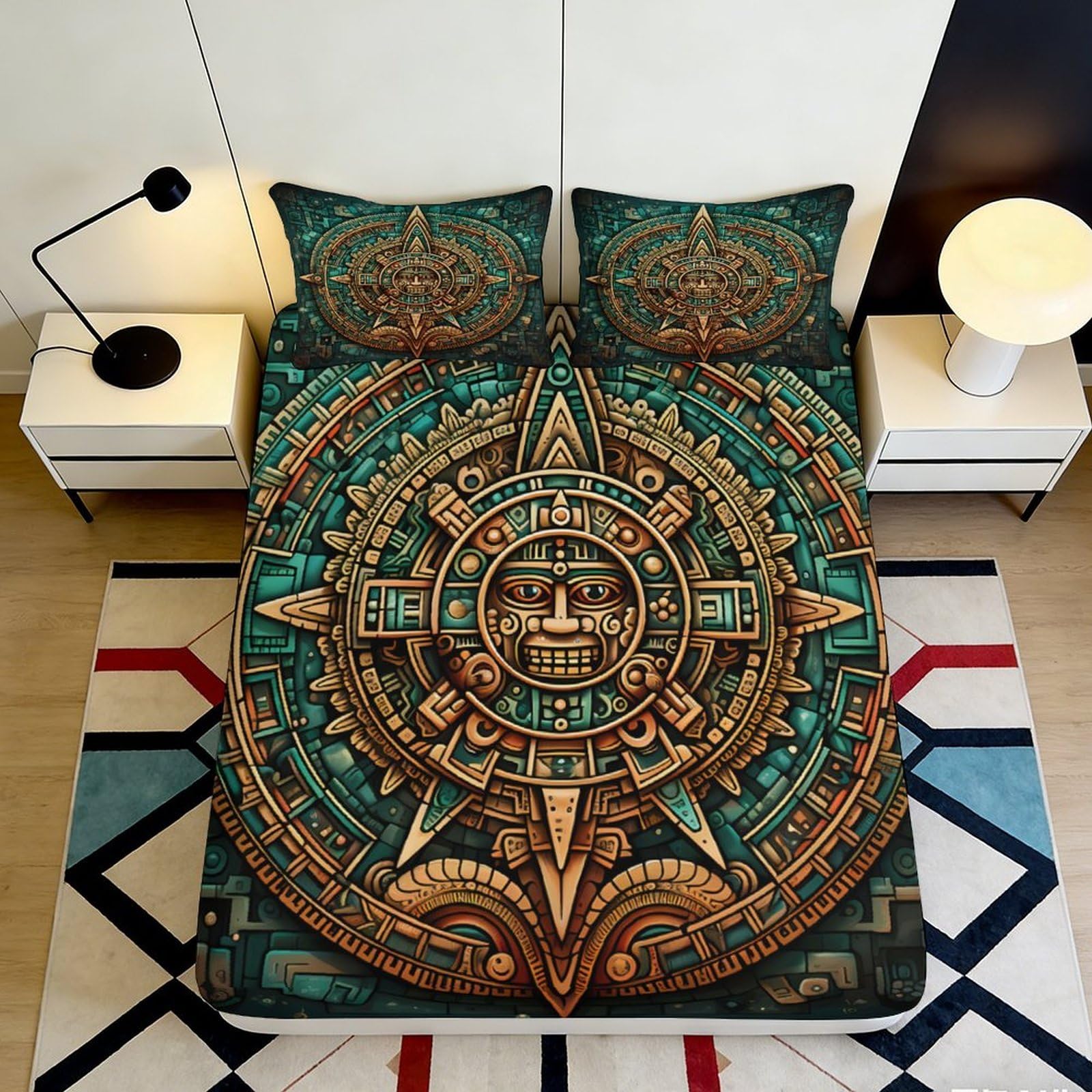 3D Printed Aztec Pattern Fitted Sheet Microfiber Deep Pocket Non-Slip Bedroom Bedding Aztec Mattress Fitted Cover Washable 160x200x25cm