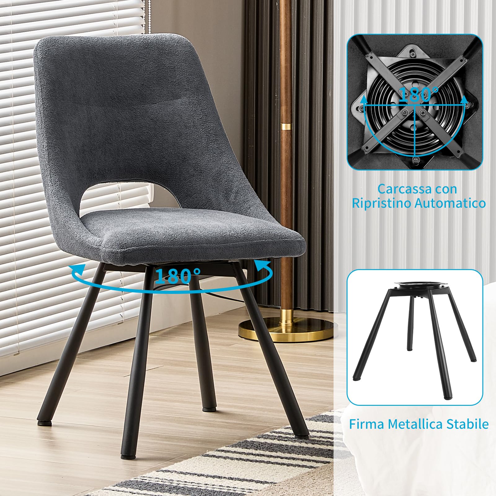 ANVOFONG Set di 6 Sedie da Pranzo Girevoli, Rotazione 180°, Sedia Girevoli, Cotone Cashmere con Piedini in Metallo Nero per Sala da Pranzo, Cucina, Camera da Letto, Grigio Scuro