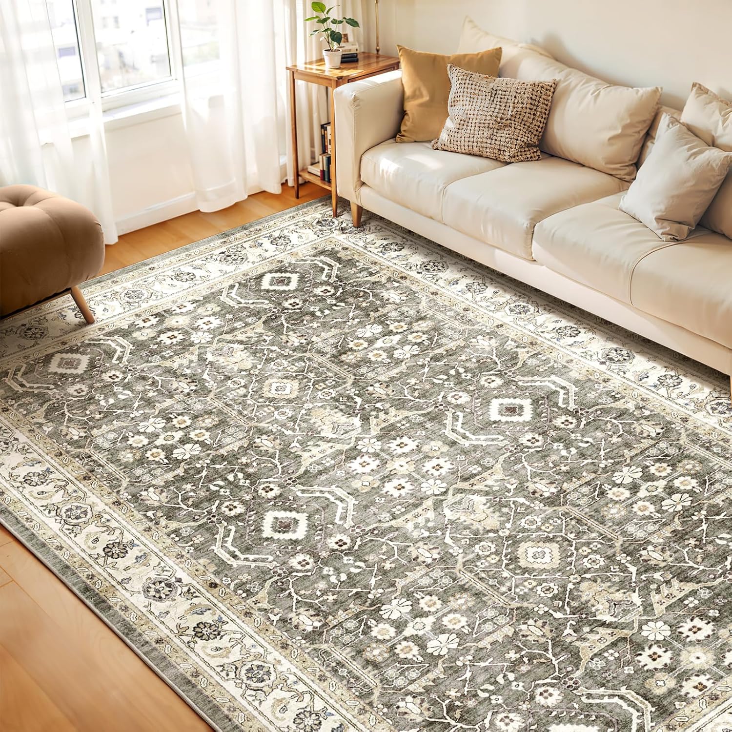 WITSHOCK Living Room Area Rugs 8x10: Washable Rug Boho Soft Non-Slip Low Pile Stain Resistant Foldable Carpet for Bedroom Playroom Dining Room Office Kitchen Farmhouse Home Decor Rug-Brown/Beige 8' x 10' (Rectangular) Brown/Beige