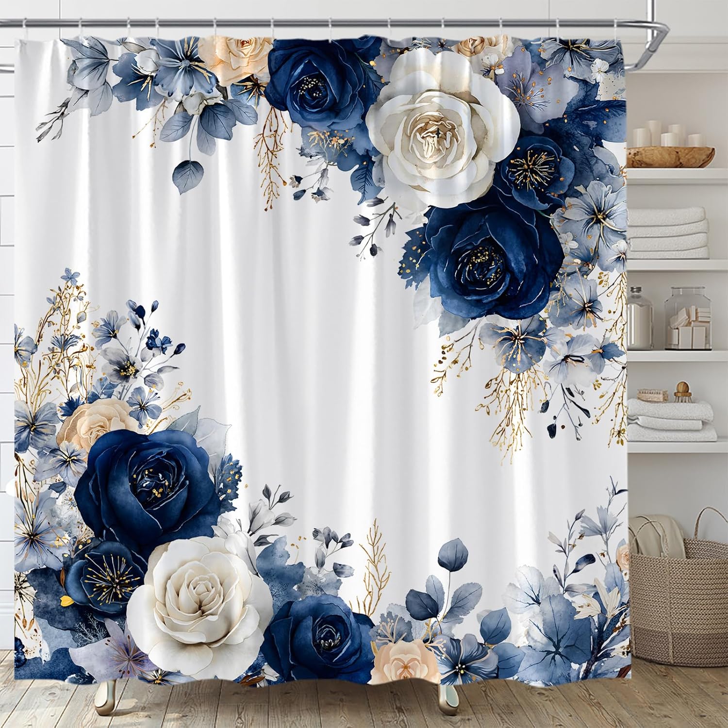 Navy Blue Floral Shower Curtain Cute Rose Flower Spring Eucalyptus Leaf Girls Watercolor Plant Botanical Fabric Bathroom Decor Set with Hooks,(70" Wx78 H)