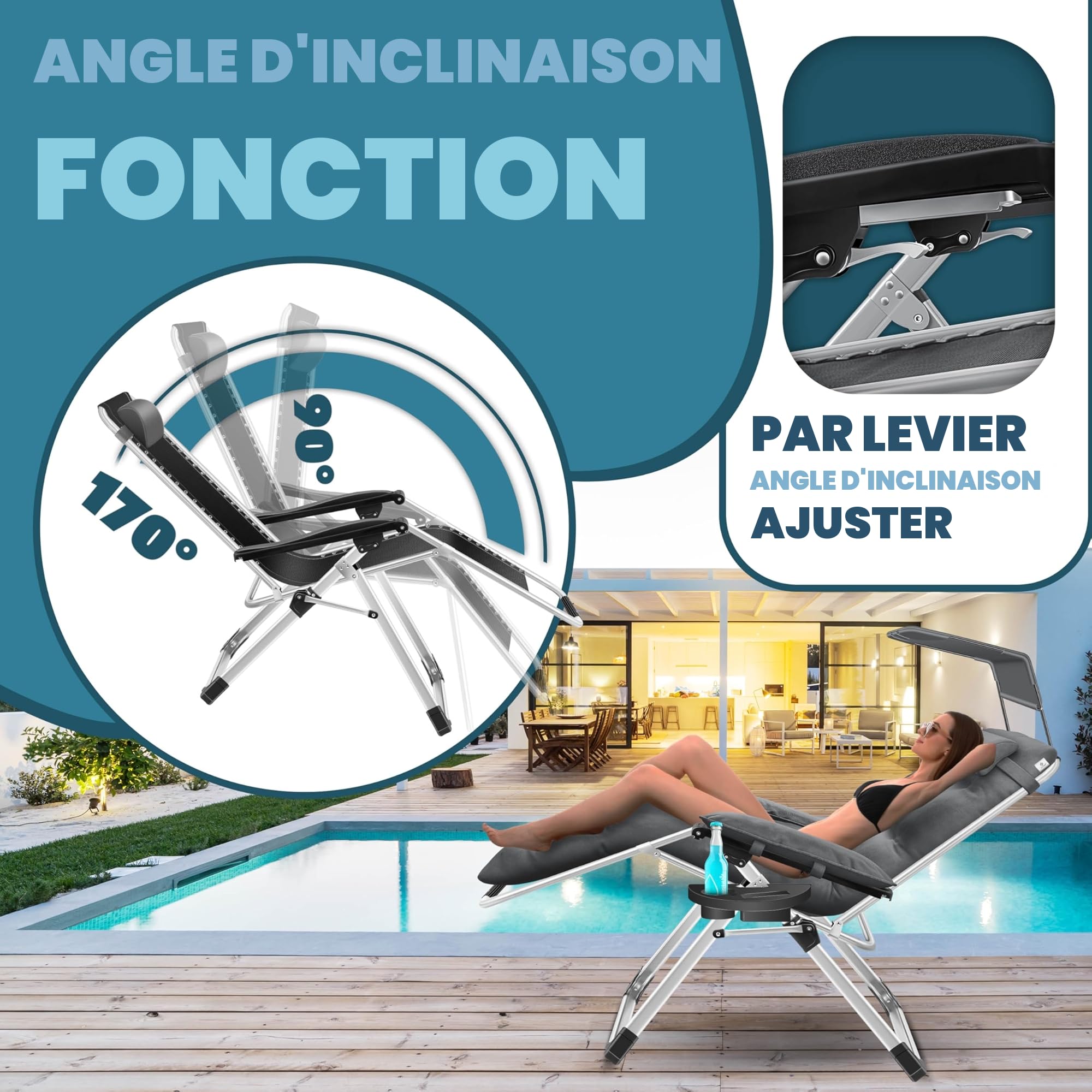 KESSER® Transat XXL - pliable, résistant aux intempéries, capacité 200 kg, revêtement ergonomique, dossier réglable, porte-gobelets et coussin pour les bras, avec auvent - Anthracite