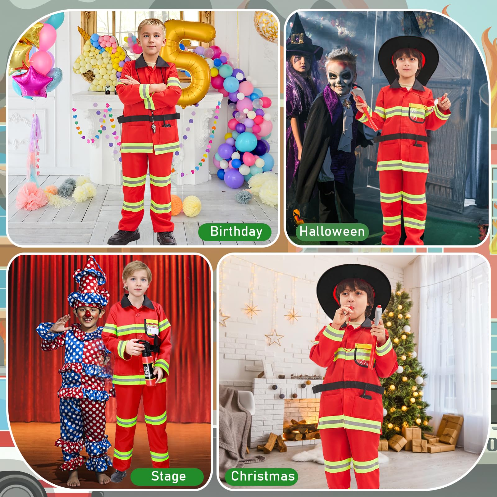 Luckyou Vestito Pompiere Bambino Costume da Pompiere per Bambini con Accessori Costume da Capo dei Pompieri Esercitazioni Antincendio Cosplay Halloween Carnevale