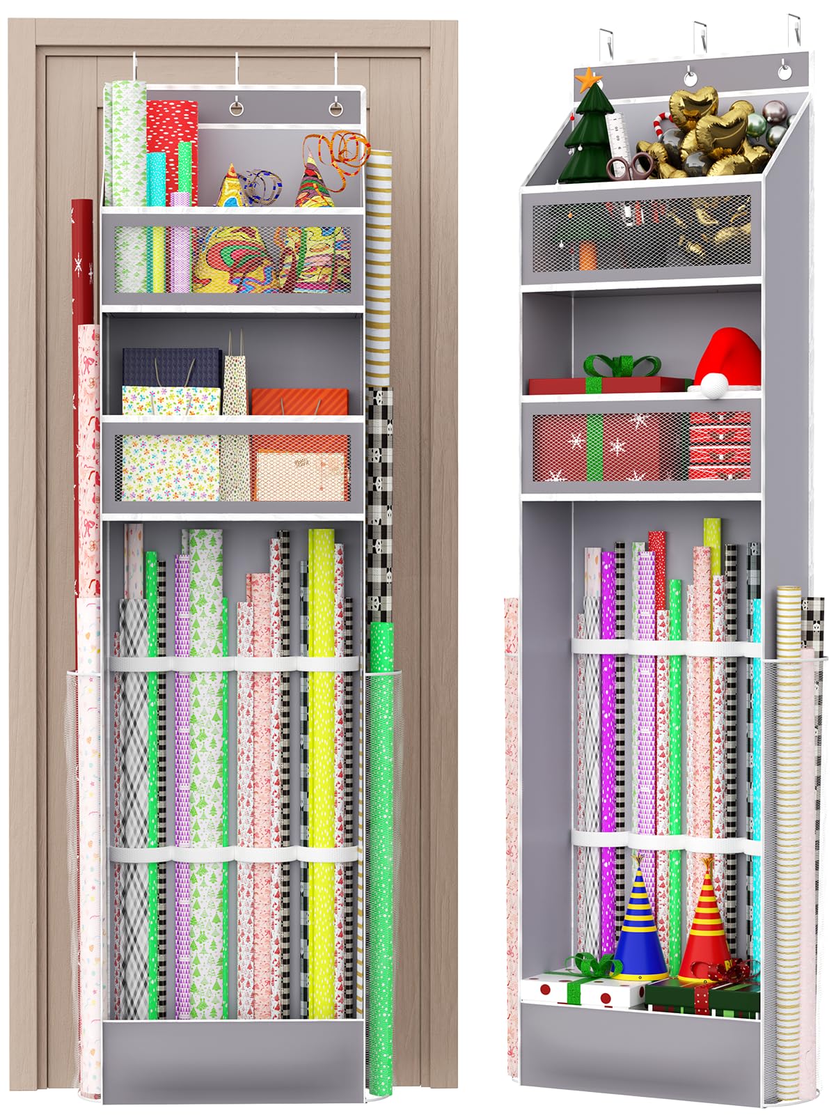 Over Door Wrapping Paper Organizer Hanging – Christmas Gift Wrap Storage for Ribbons, Bows, Ornament and Other Tools, Behind Door Long Craft Roll Holder Bag, Present Wrap Container, 1Pack, Gray