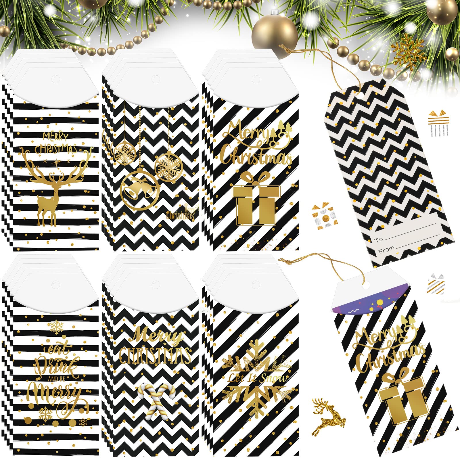 Photo 1 of 60 Pack Christmas Card Gift Holder Tags with Ribbon Tie Strings Gold Foil Christmas Gift Tags Attached Hanging Paper Name Tag Labels for Xmas Holiday Present Gift Bags Wrapping, Boutique, 6 Design (BUNDLE OF THREE)