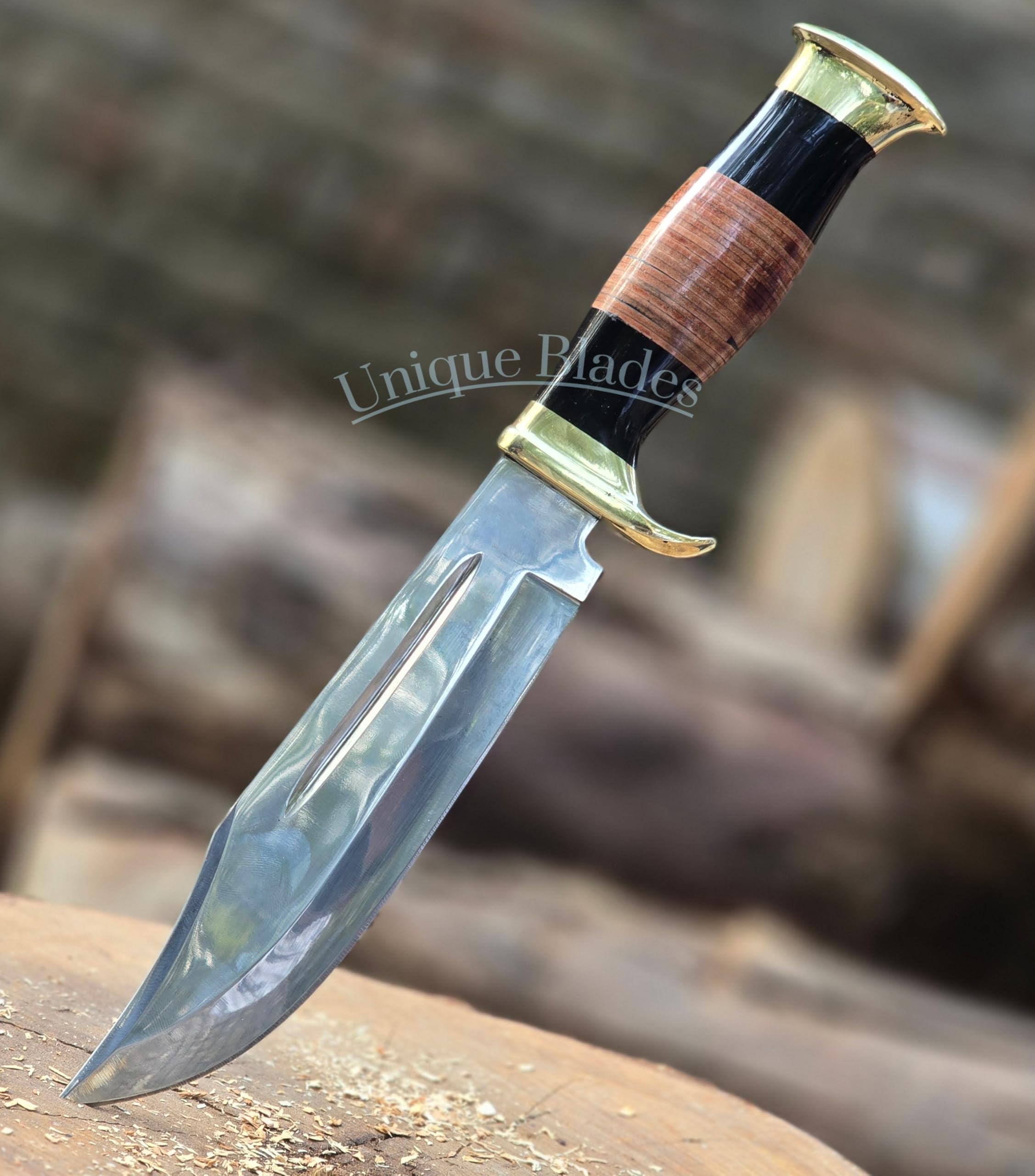 Jagdmesser mit Scheide, 1095 Stahl, Hochglanz Full-Tang, Micarta-Messinggriff, Feststehende Klinge