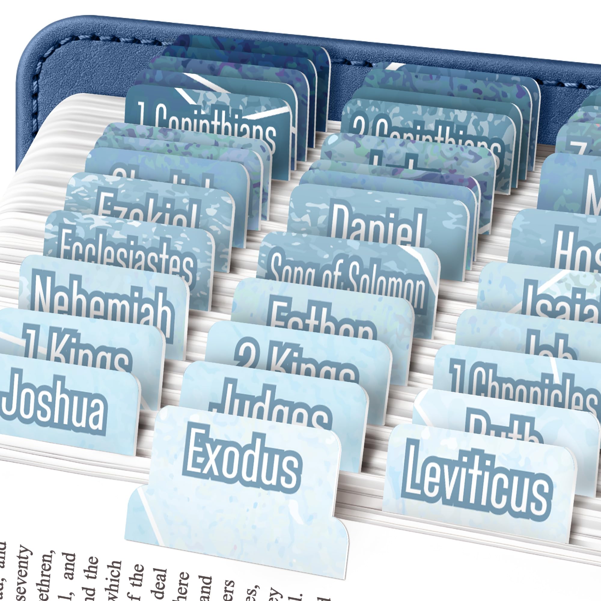 EssexWares - Blue Stone Bible Tabs for Old and New Testament, 80 Large Print Tabs for Bible Study, Water-Resistant and Durable Index Tabs for Women and Men - 1.7" Wide โ image 1