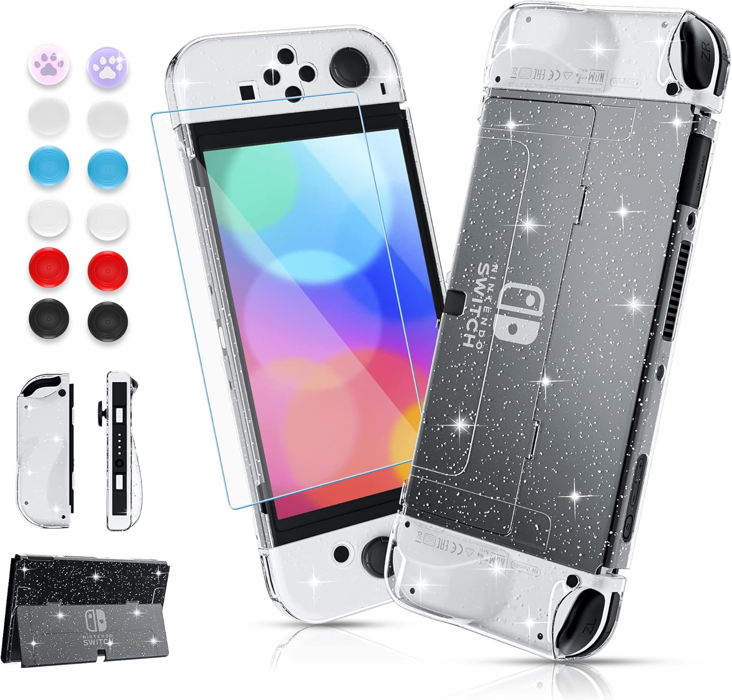 FUNDIARY Glitter Dockable Cover Case Compatible with Nintendo Switch OLED, Protective Shell for Switch OLED and Comfort Grip for Joy Con with Screen and 12 Thumb Caps - Glitter TPU Joy Con Case