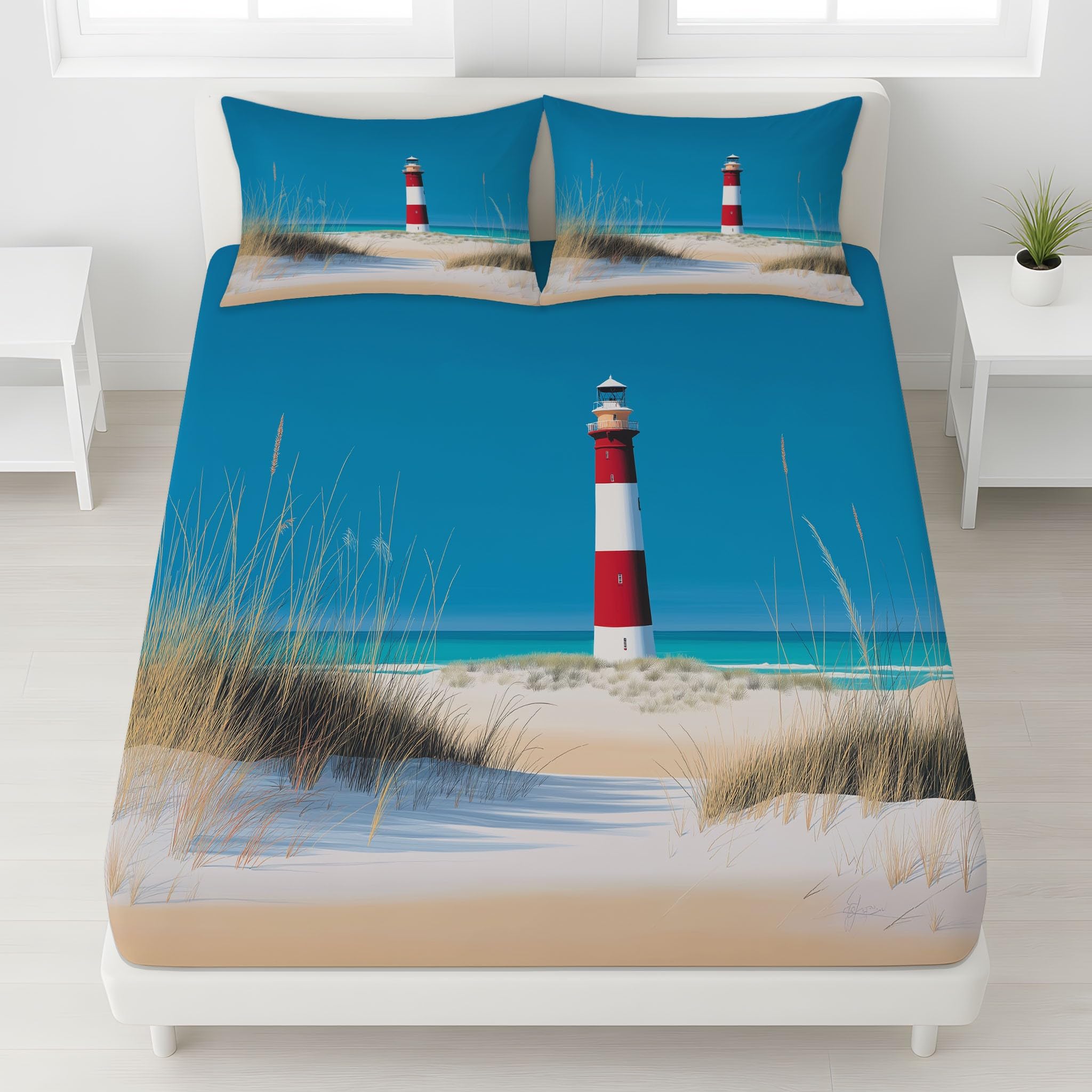 Blu Traspirante Lenzuolo Faro Dune di Sabbia Spiaggia Lenzuolas Iper-Realistico Minimalista Lenzuolo con angoli elasticizzati da 30 cm Naturale Calmo Oceano Morbido 160 x 190 x 30 per Bambini Adulti