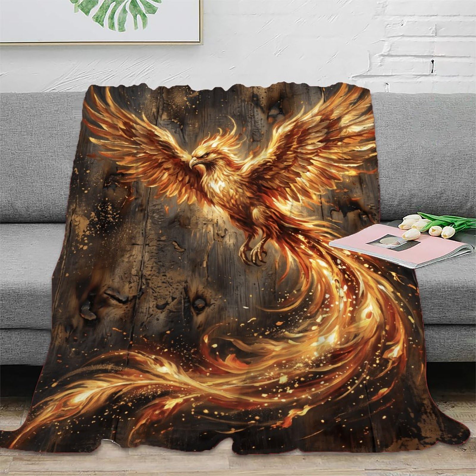 H3B8U2Y5 Golden Fire Phoenix Throw Blanket, Flannel, Nap, Mythical Fire Art