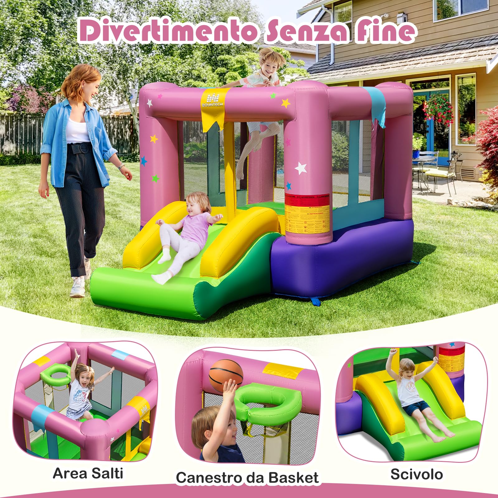 GYMAX Castello Gonfiabile con Area Salto, Scivolo, Gioco di Pallacanestro, Mini Rimbalzante per Bambini con Borsa da Trasporto, Mini Trampolino Gonfiabile per Feste Interno e Esterno