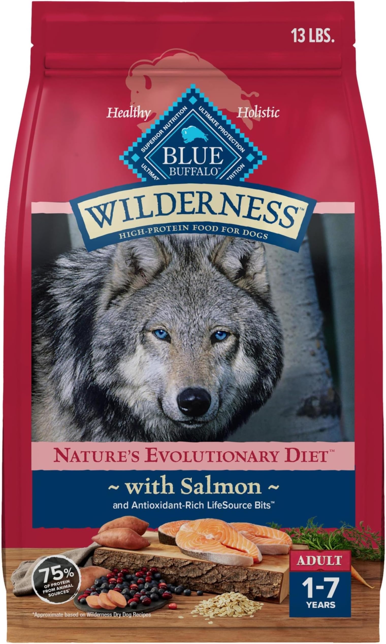 Blue Buffalo Wilderness Natural High-Protein Dry Food for Adult Dogs, Salmon Recipe, 13-lb. Bag