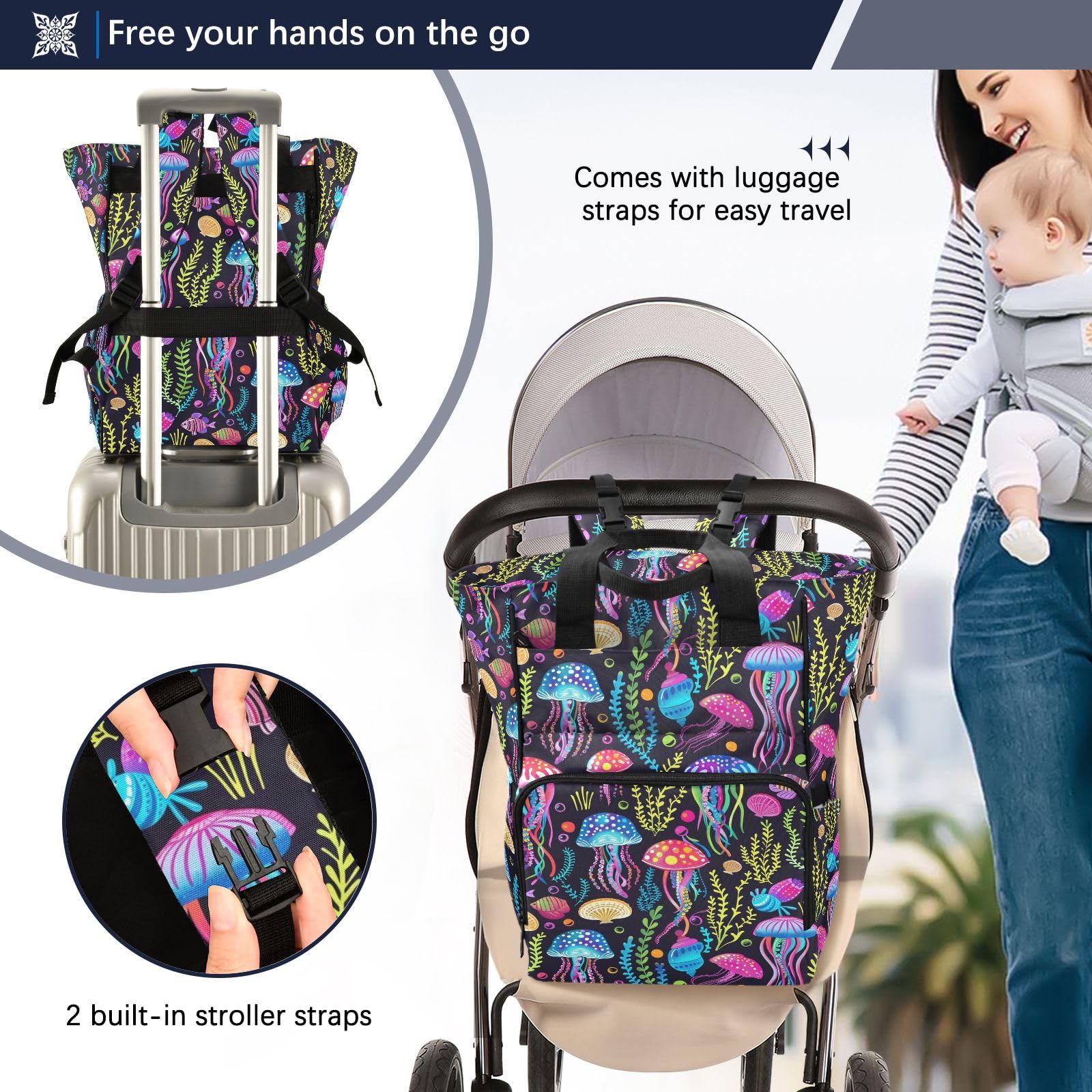Mnsruu Coloful Meduse Sea Baby Borsa per pannolini zaino grande borsa impermeabile da viaggio borse per pannolini per mamme e papà