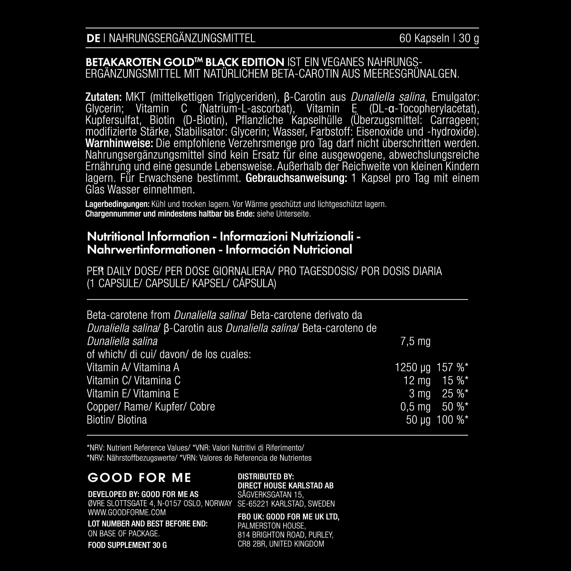 Betakaroten Gold® Black Edition Beta Carotin Kapseln, 15 mg für intensive Bräune von innen - Norwegische Qualität - 60 Kapseln - vegan - mit Kokosöl, Biotin, Kupfer & Vitamin C,A,E - 3-Monats-Vorrat